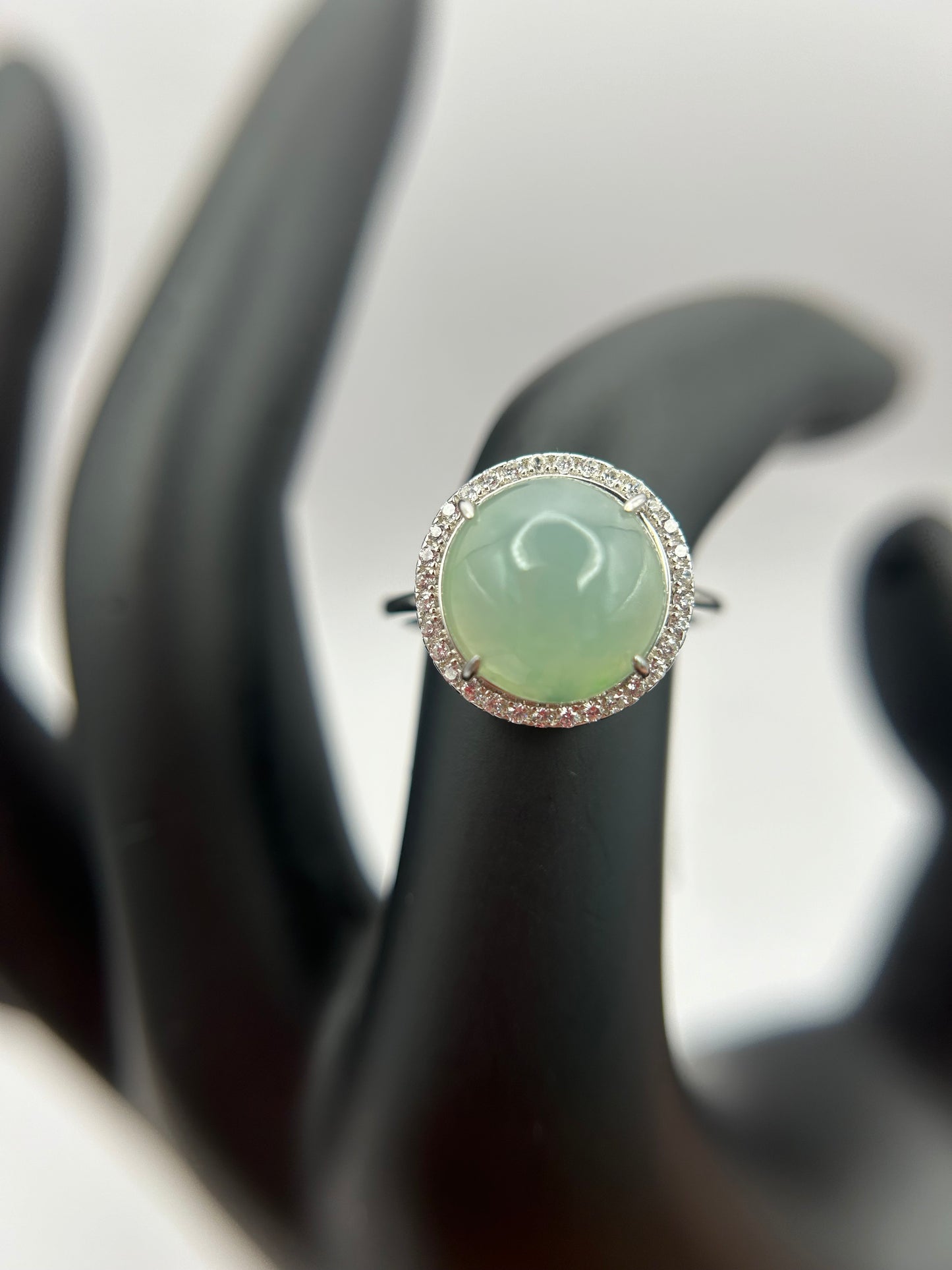 Natural grade A Burmese Green Jadeite cabochon with Cubic Zirconia Silver Ring