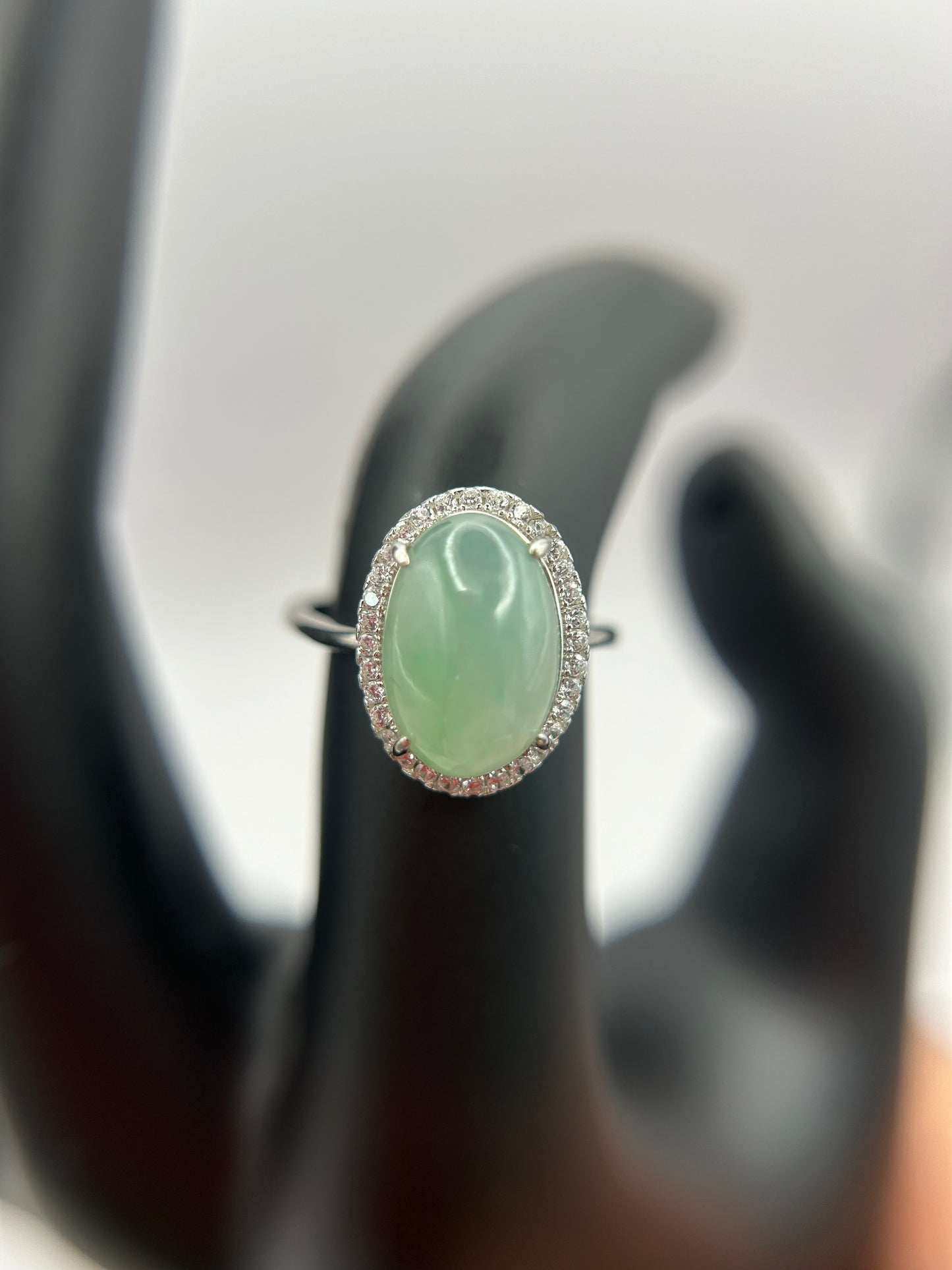 Natural grade A Burmese Green Jadeite cabochon with Cubic Zirconia Silver Ring