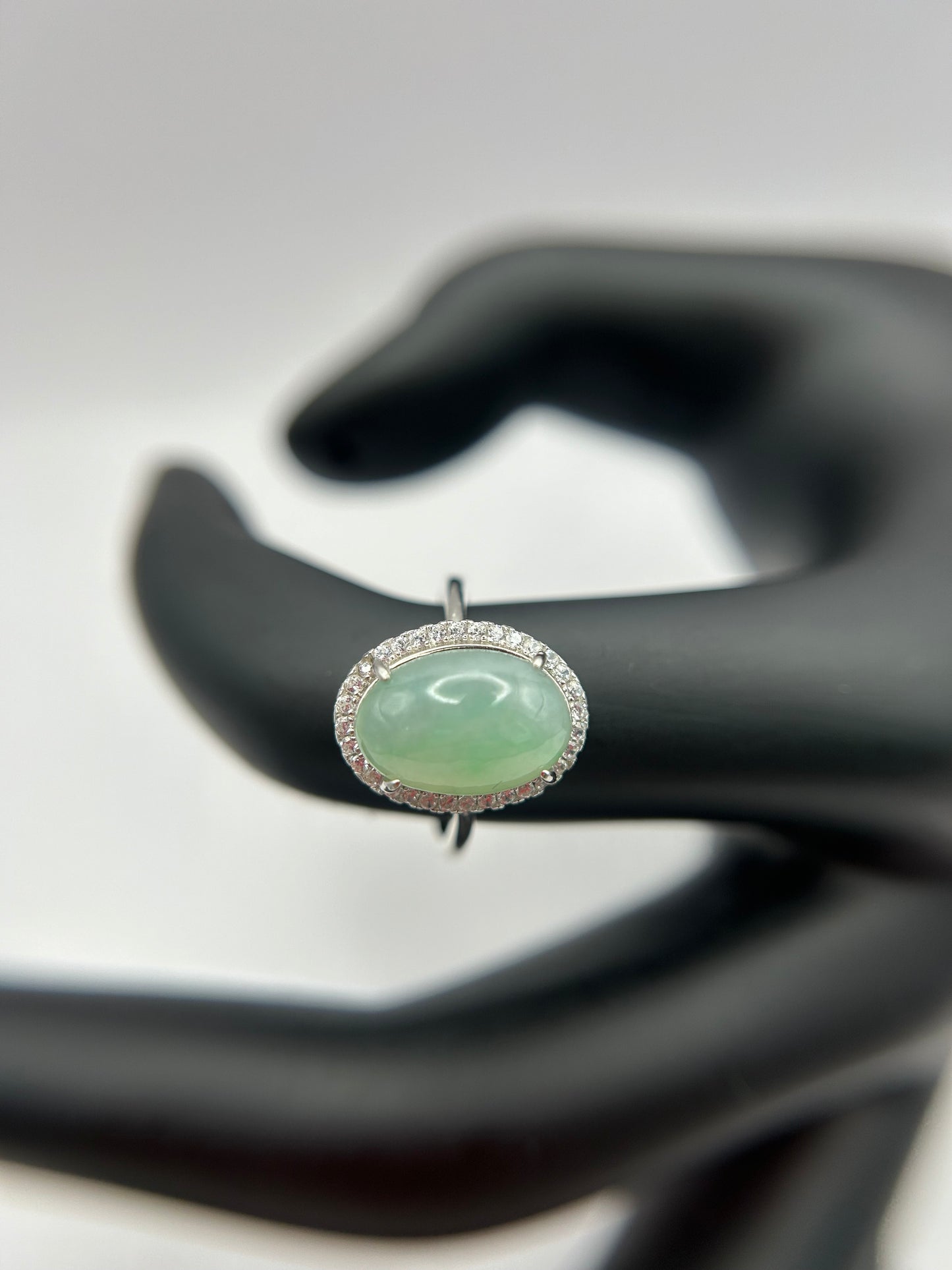 Natural grade A Burmese Green Jadeite cabochon with Cubic Zirconia Silver Ring