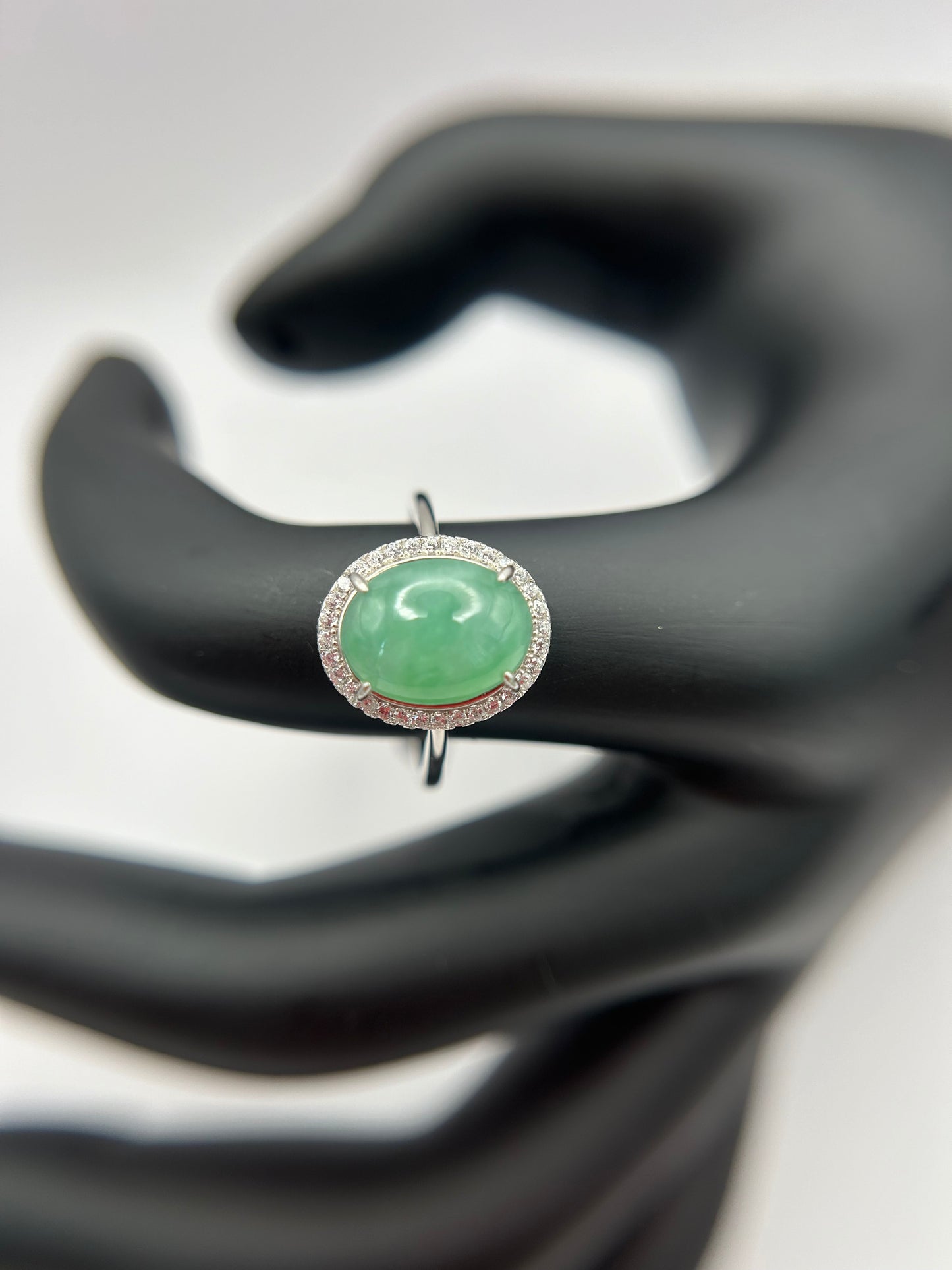 Natural grade A Burmese Icy Green Jadeite cabochon with Cubic Zirconia Silver Ring