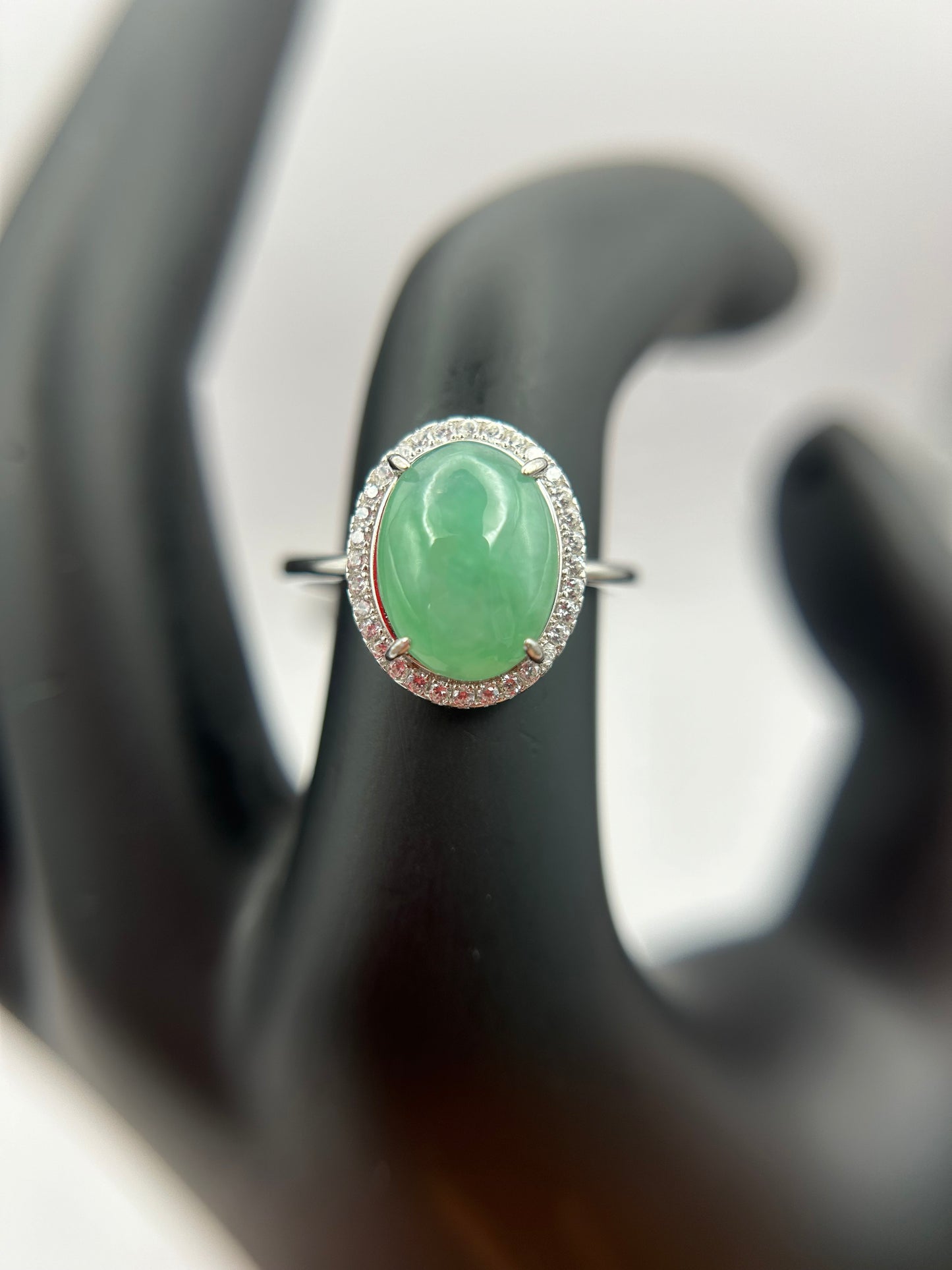 Natural grade A Burmese Icy Green Jadeite cabochon with Cubic Zirconia Silver Ring