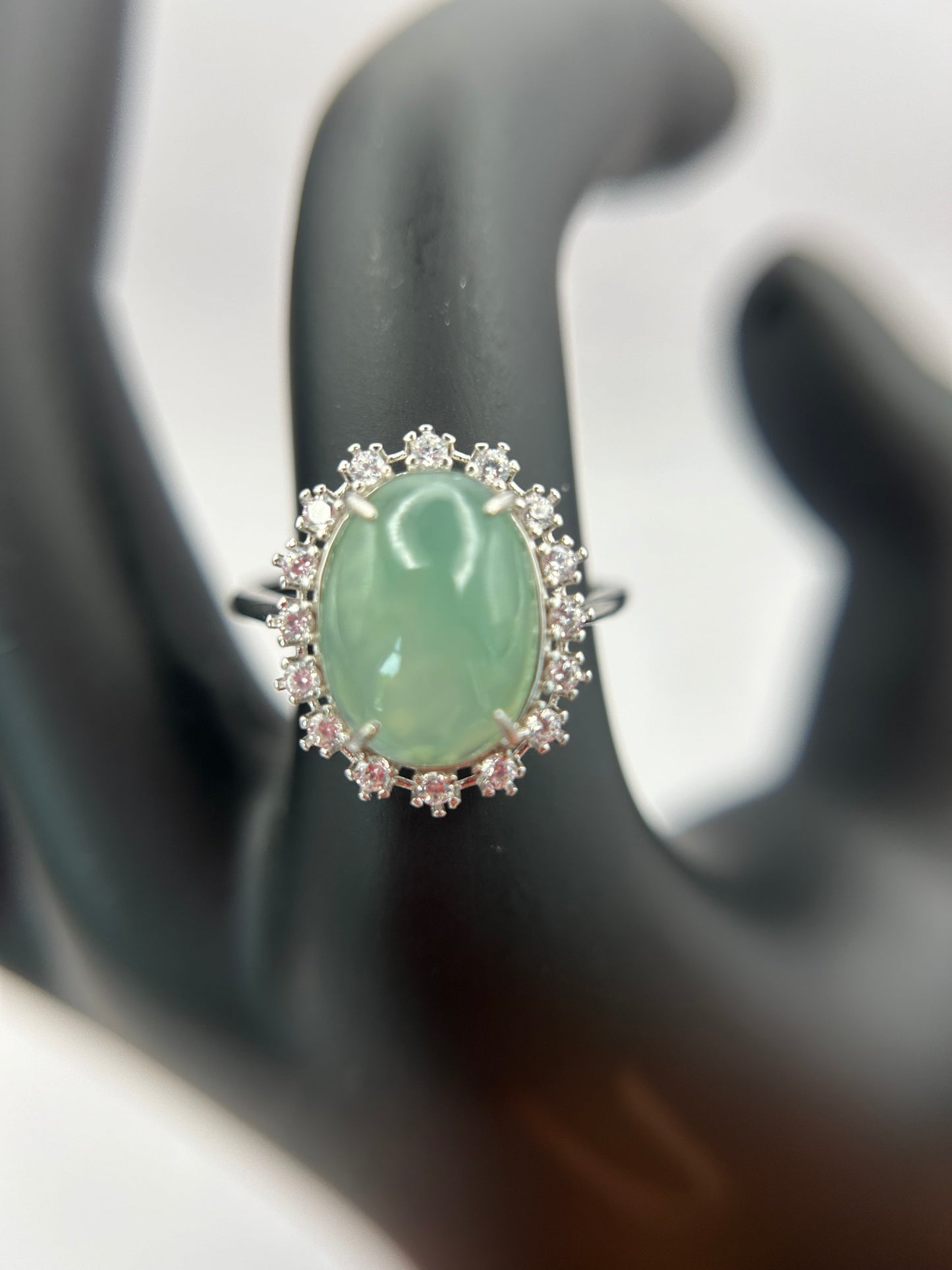 Natural grade A Burmese Icy Green Jadeite cabochon with Cubic Zirconia Silver Ring