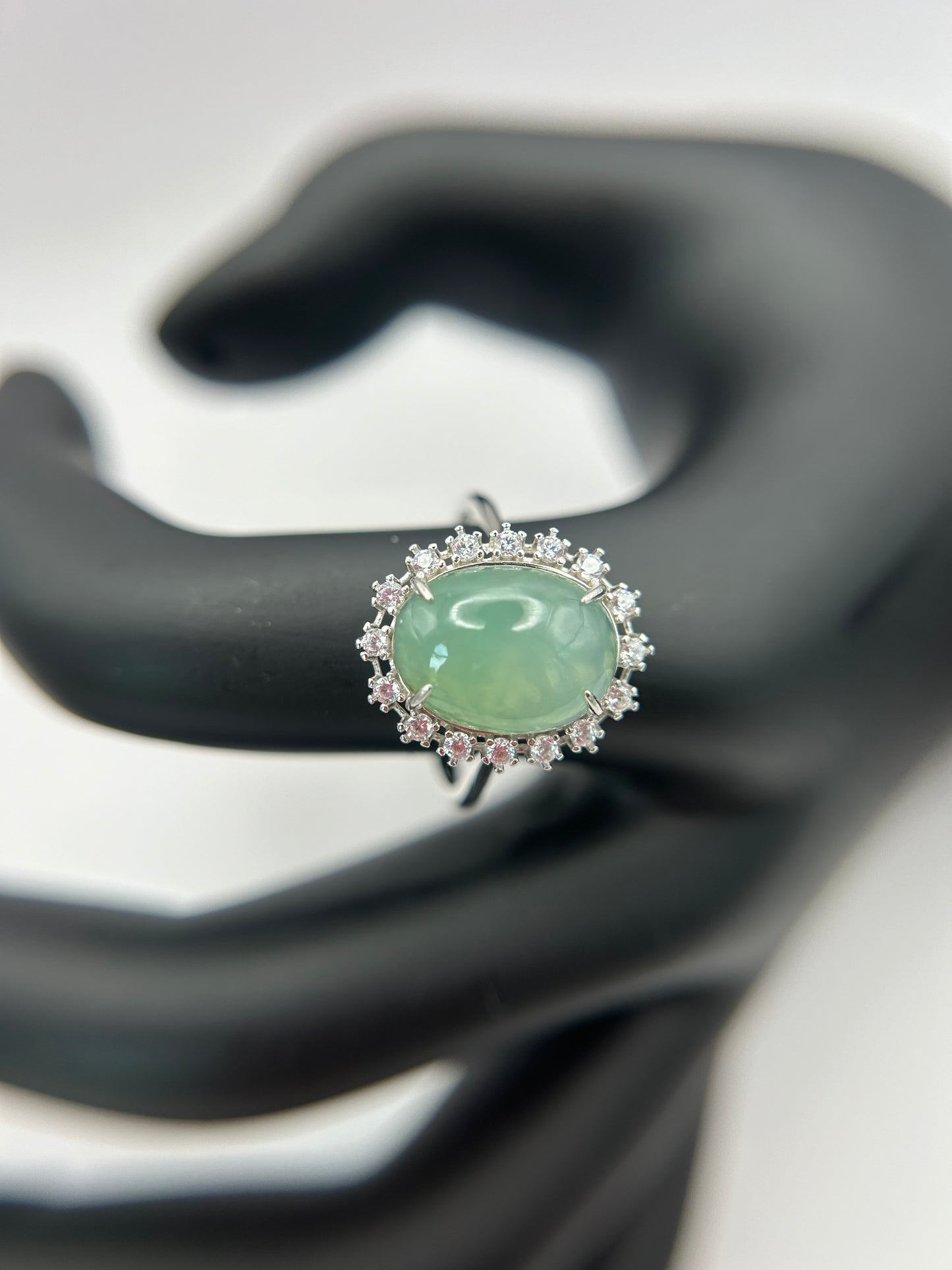 Natural grade A Burmese Icy Green Jadeite cabochon with Cubic Zirconia Silver Ring