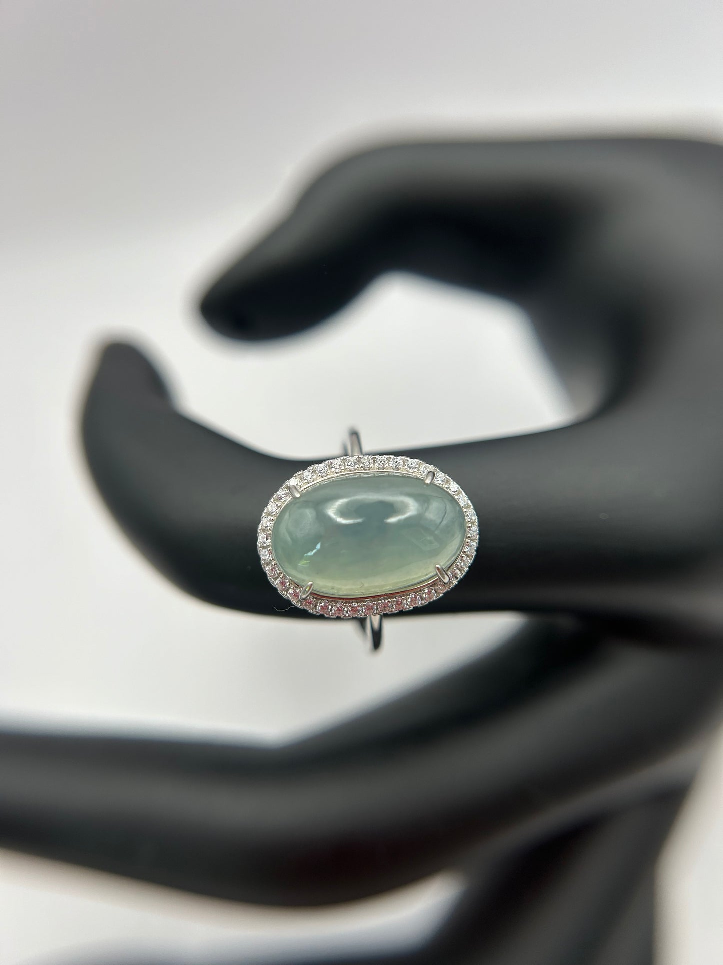 Natural grade A Burmese Icy Green Jadeite cabochon with Cubic Zirconia Silver Ring