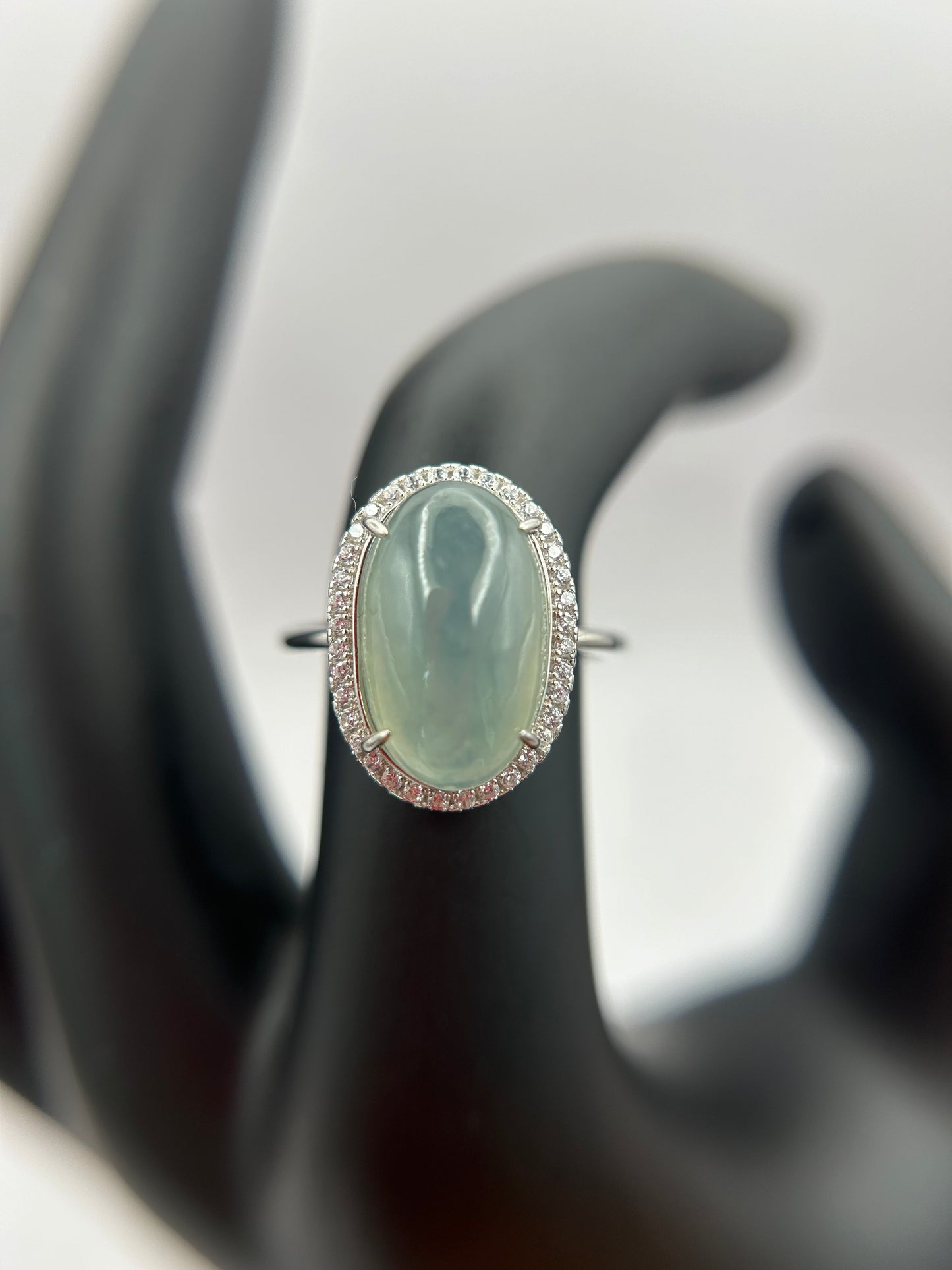 Natural grade A Burmese Icy Green Jadeite cabochon with Cubic Zirconia Silver Ring