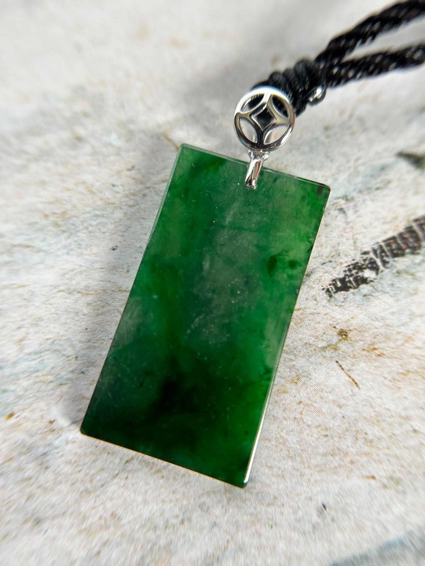 Grade A Natural Highly Icy Green Rectangle 18K white gold bails Pendant