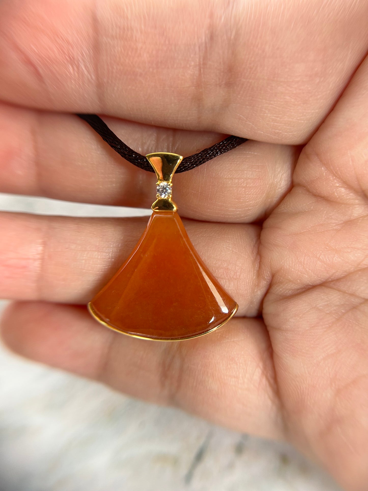Grade A Natural Burma Icy orange Jadeite pendant with 18K Yellow Gold with diamond bail Pendant