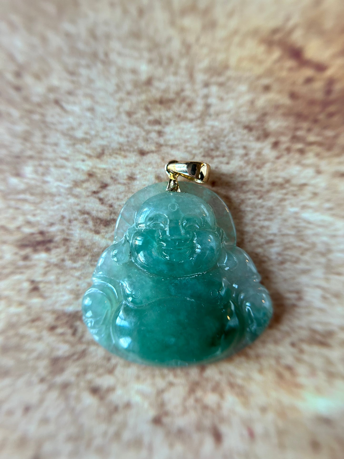 Icy green jadeite Buddha pendant with 18k yellow gold bail