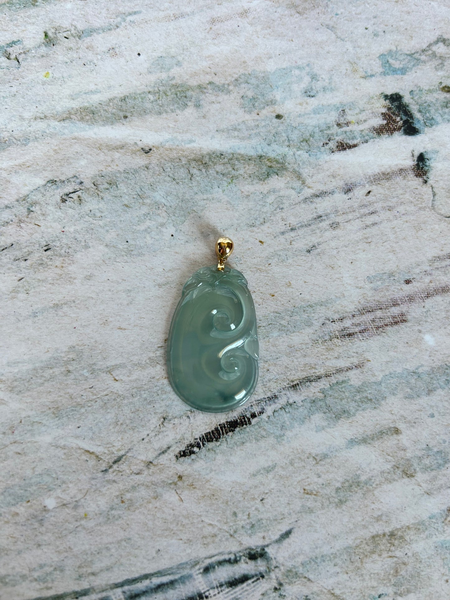 18K Yellow Gold Bail Natural Grade A Burmese Jadeite Light bluenish green Yuyi (ruyi) Pendant