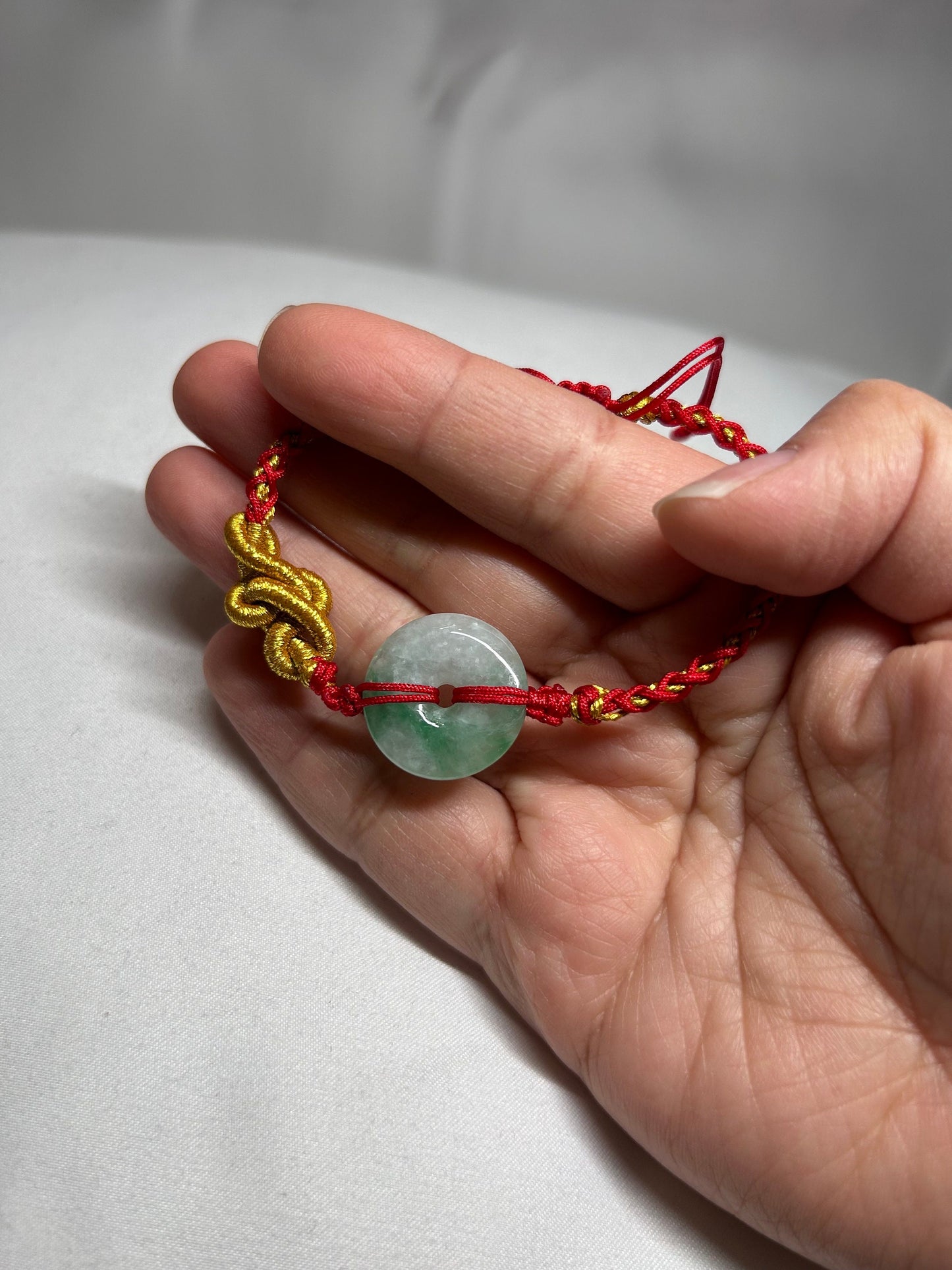 Grade A Natural Burmese Green Jadeite Pi Disc (Donut, pen on kou) adjustable bracelet