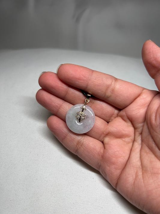 Grade A Natural lavender Jadeite Pi Disc ( peng on kou, donut) pendant with sterling silver four leaves clover bail
