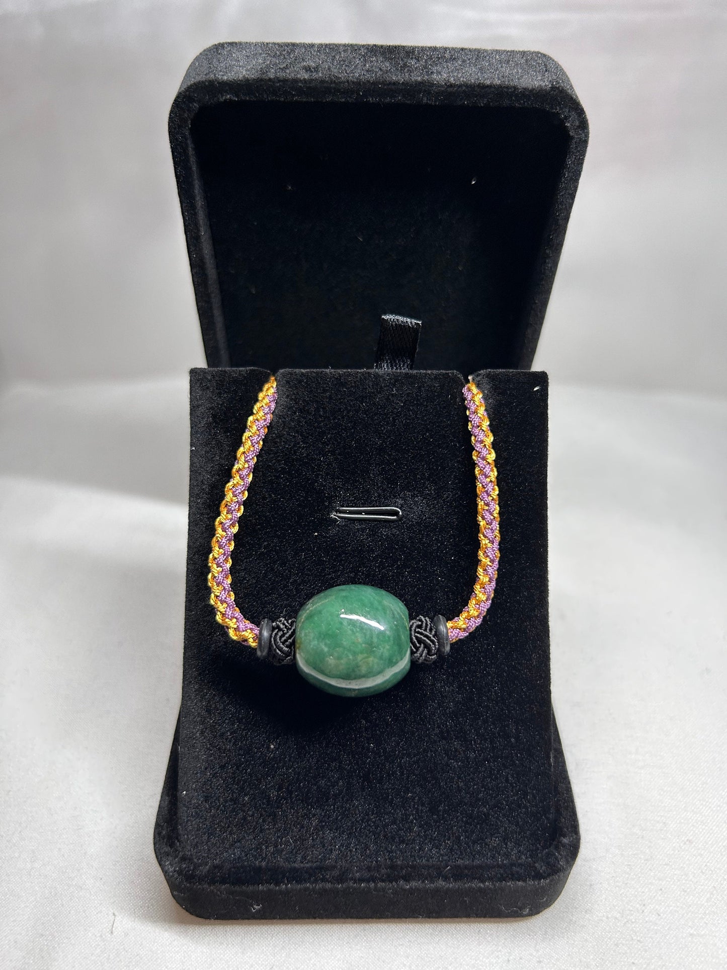 Grade A Natural Burma dark green Jadeite Barrel- Lu Lu Tong adjustable bracelet braided with gold and purple rope