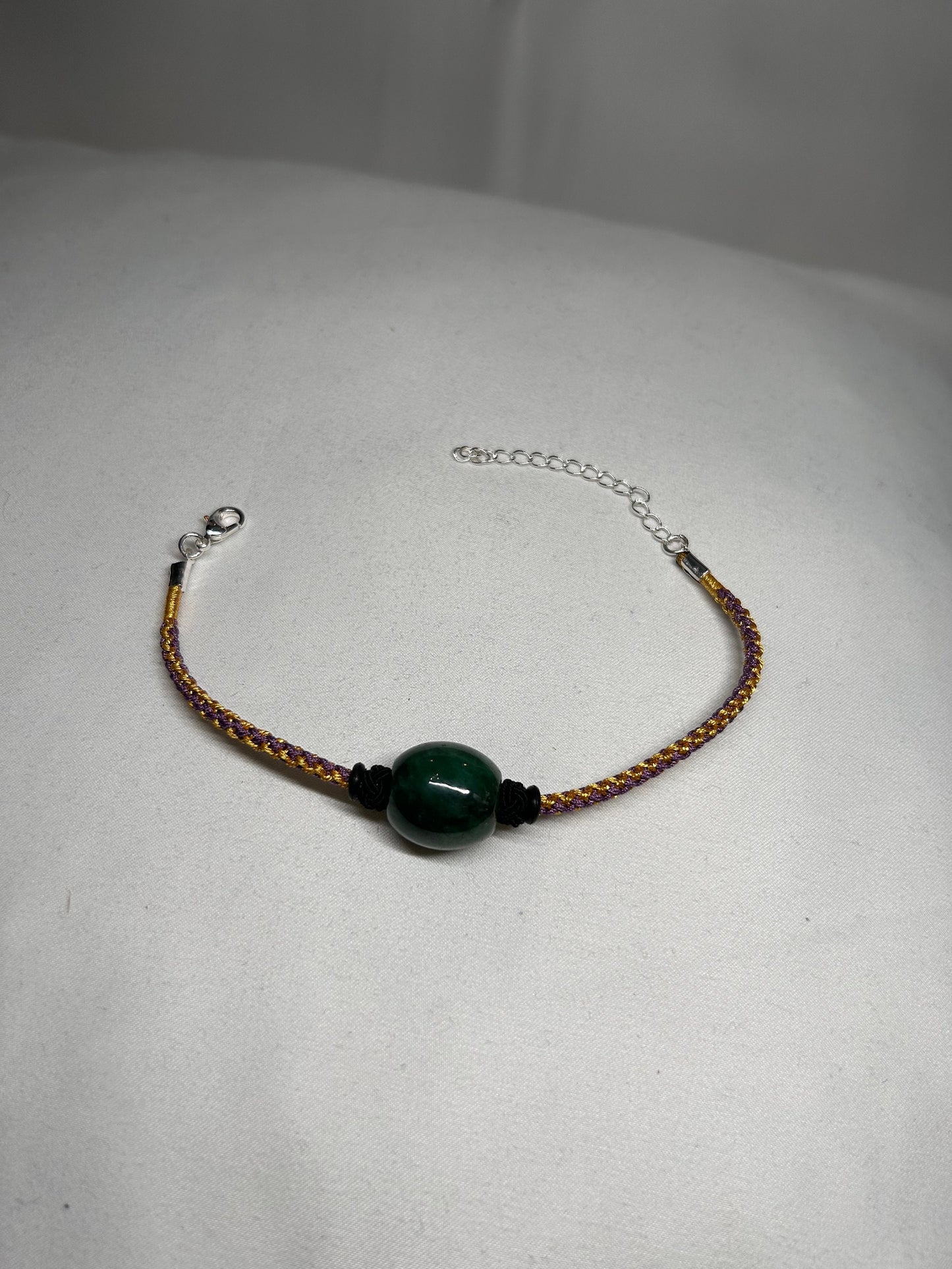 Grade A Natural Burma dark green Jadeite Barrel- Lu Lu Tong adjustable bracelet braided with gold and purple rope