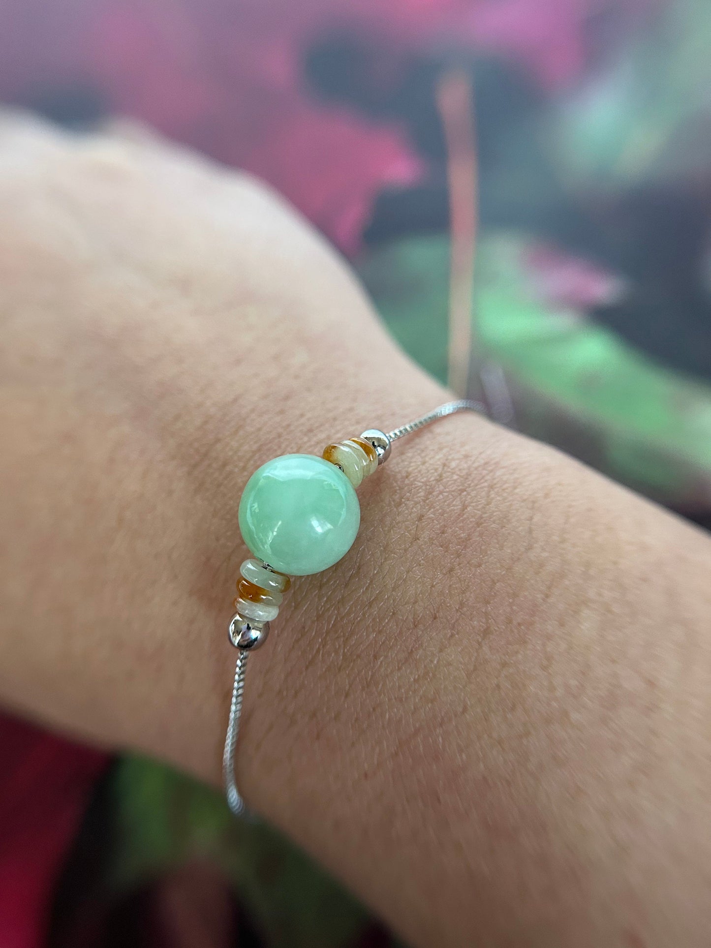 Grade A Natural Burma Icy green bead, with white and red donut Jadeite adjustable sterling silver bracelet