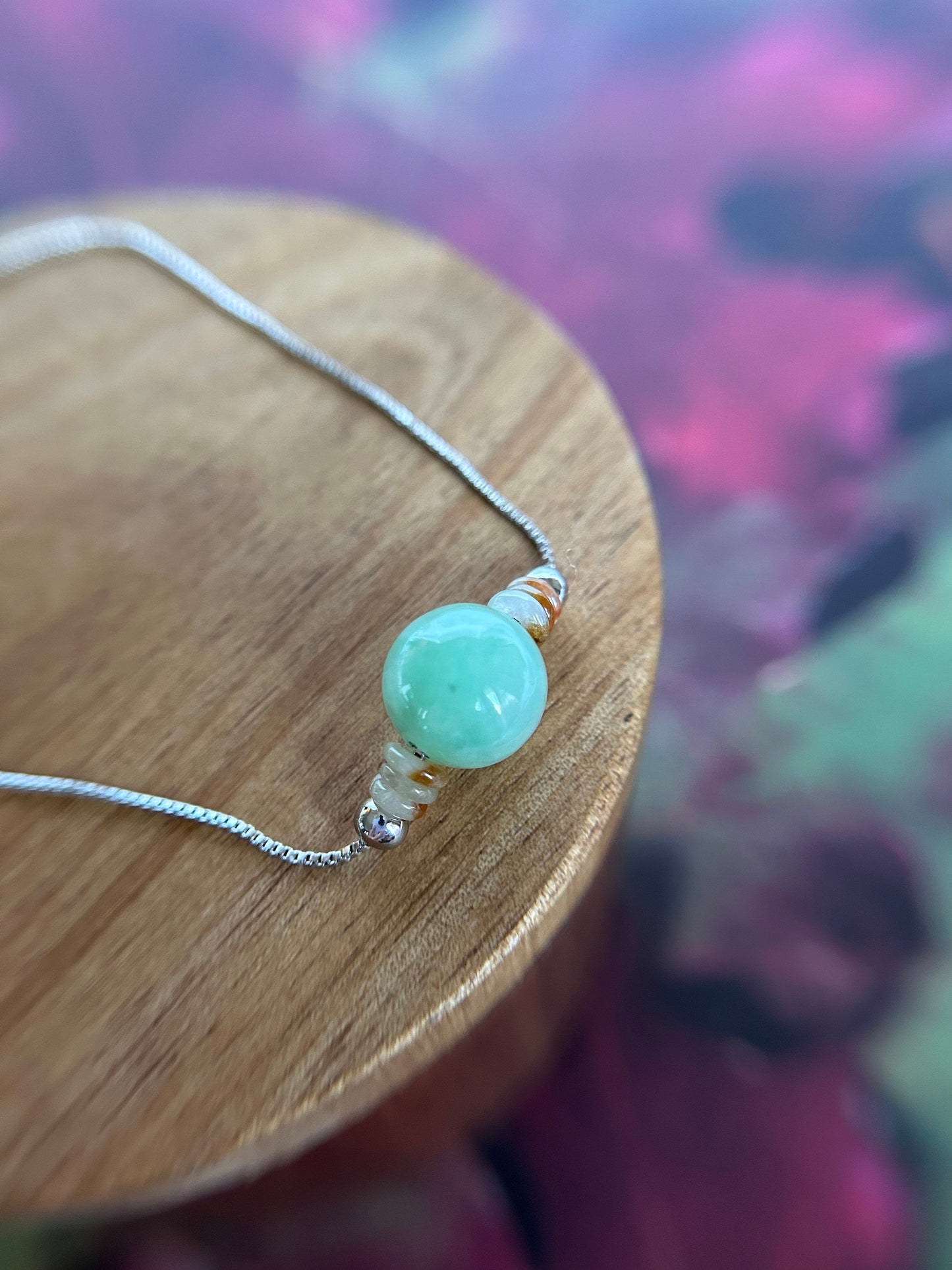 Grade A Natural Burma Icy green bead, with white and red donut Jadeite adjustable sterling silver bracelet