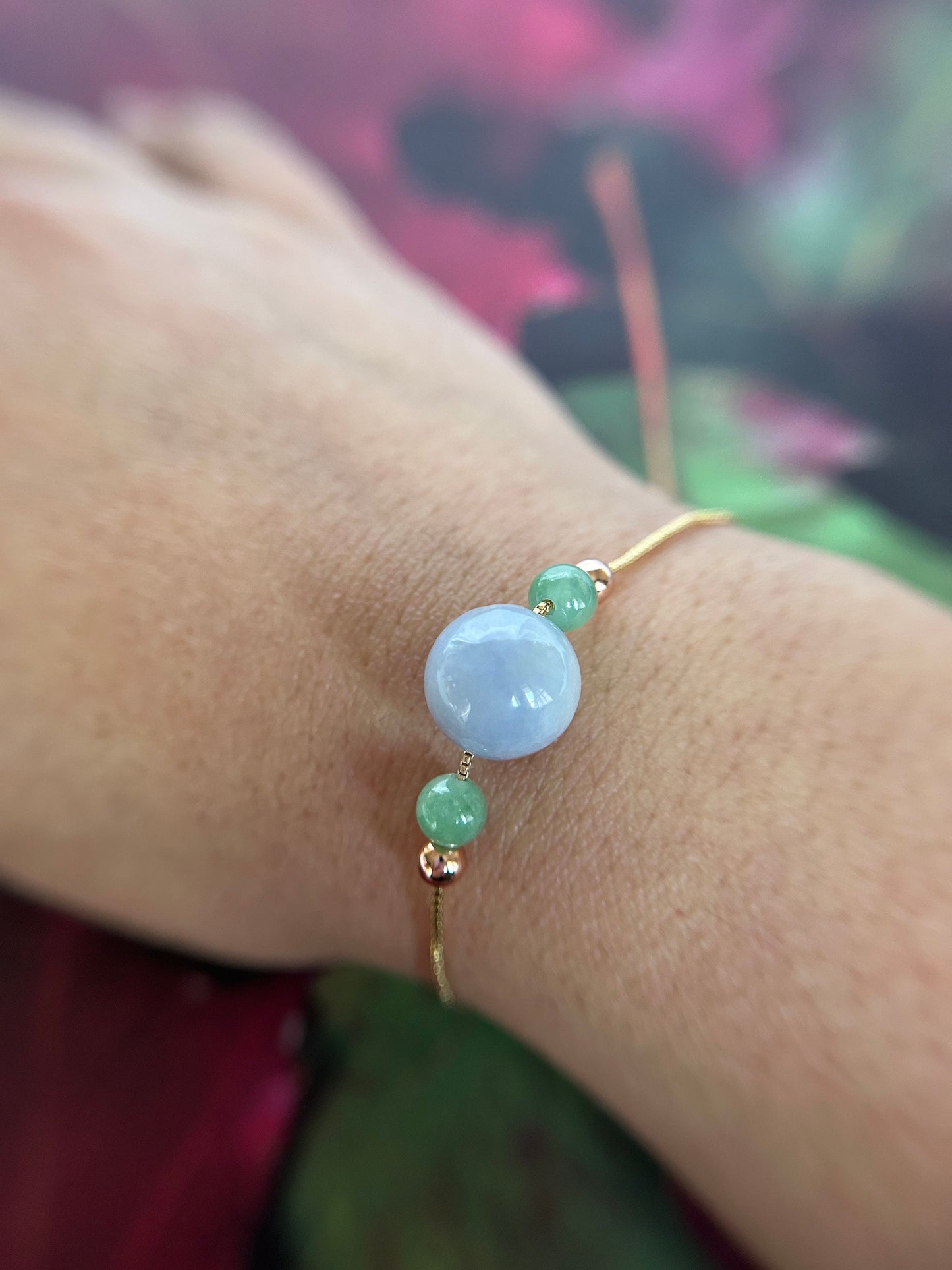 Grade A Natural Icy Lavender and Green Burma Jadeite Adjustable Gold Plated sterling Silver Bracelet