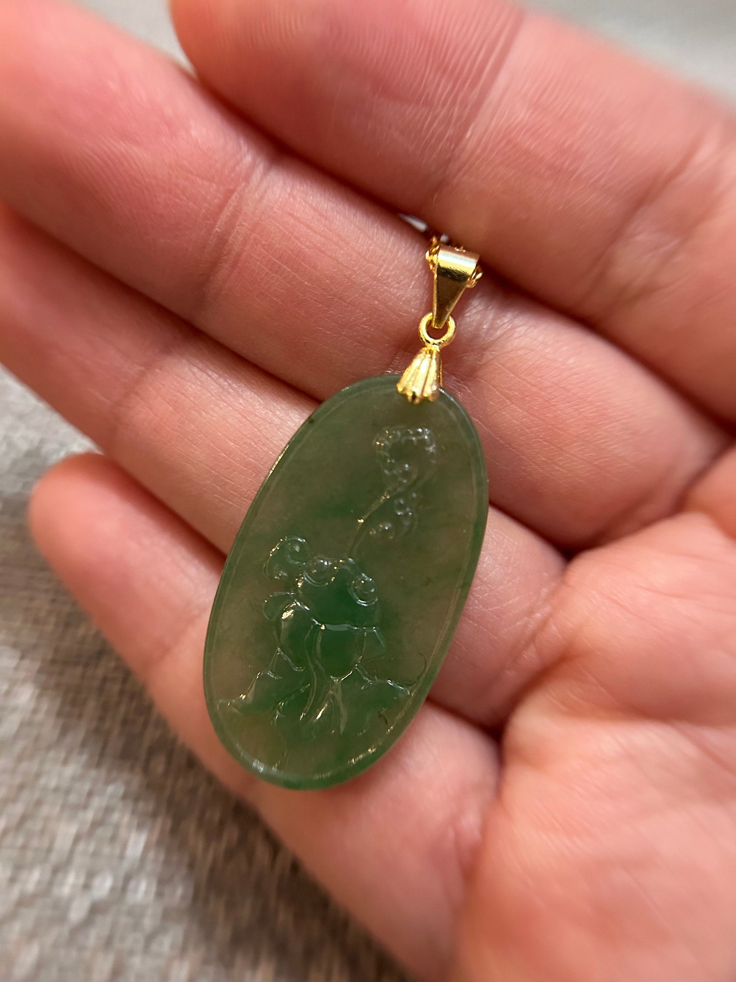 Grade A Natural Icy green Burma Jadeite pendant with double sided hand carved with bat and Yuyi mushroom and flower