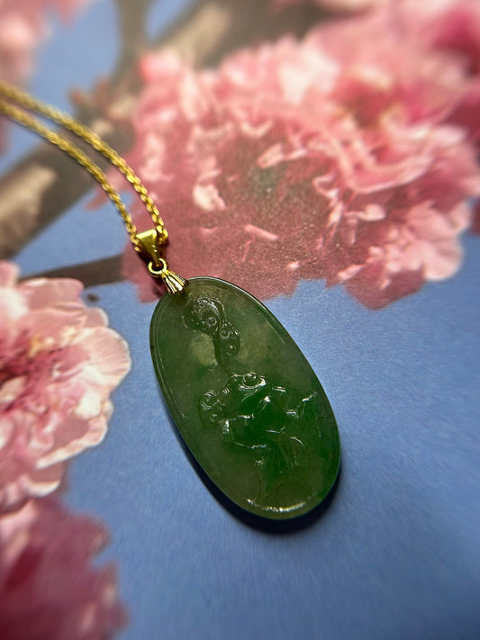 Grade A Natural Icy green Burma Jadeite pendant with double sided hand carved with bat and Yuyi mushroom and flower
