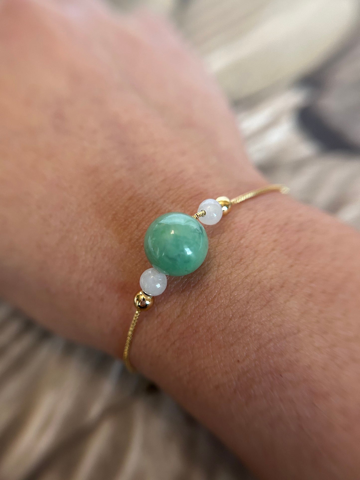 Grade A Natural Green and Icy Burma Jadeite gold plated Sterling Silver Adjustable bracelet