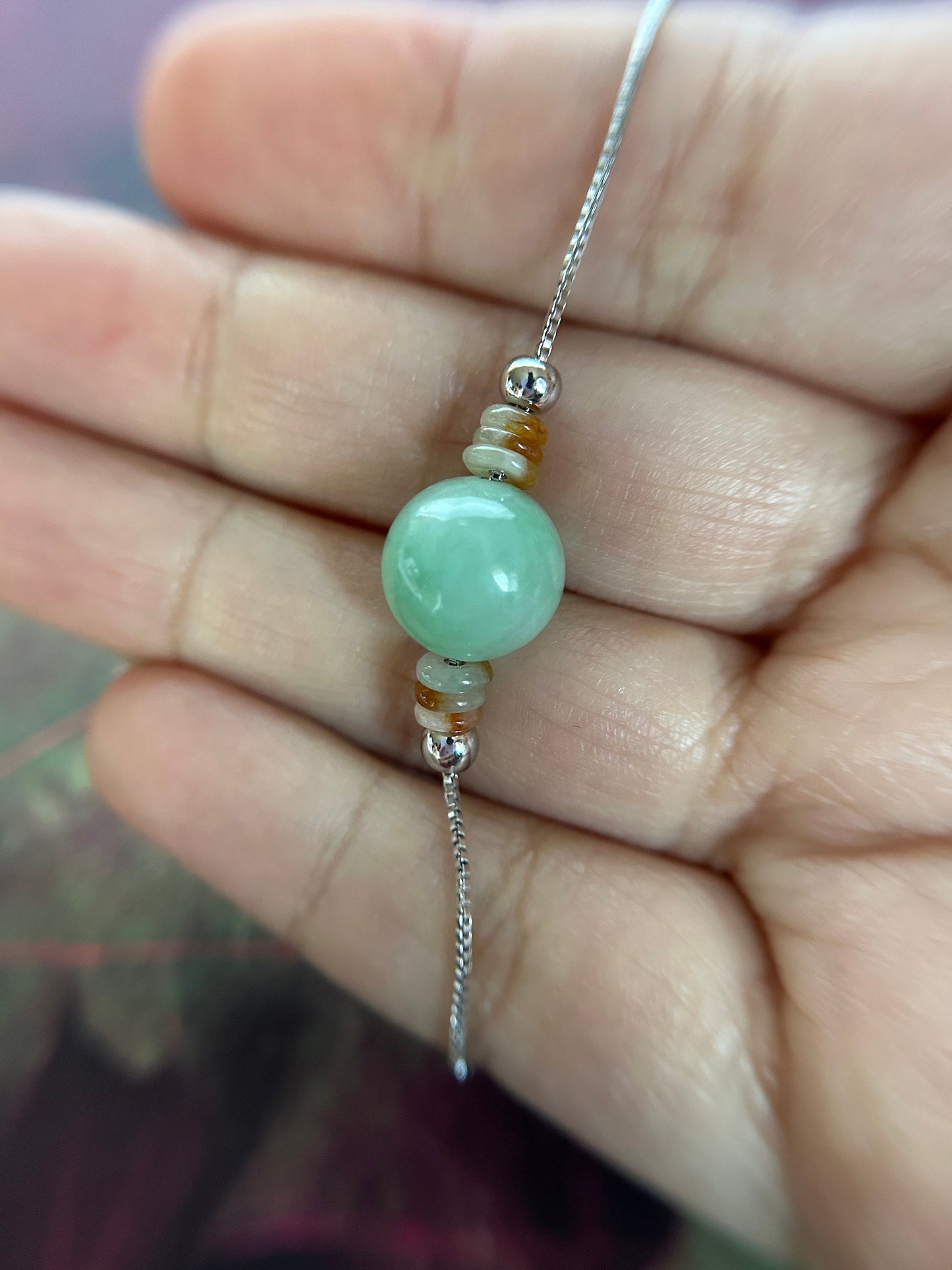 Grade A Natural Burma Icy green bead, with white and red donut Jadeite adjustable sterling silver bracelet