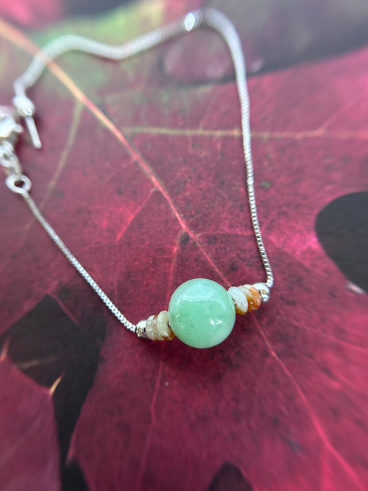 Grade A Natural Burma Icy green bead, with white and red donut Jadeite adjustable sterling silver bracelet
