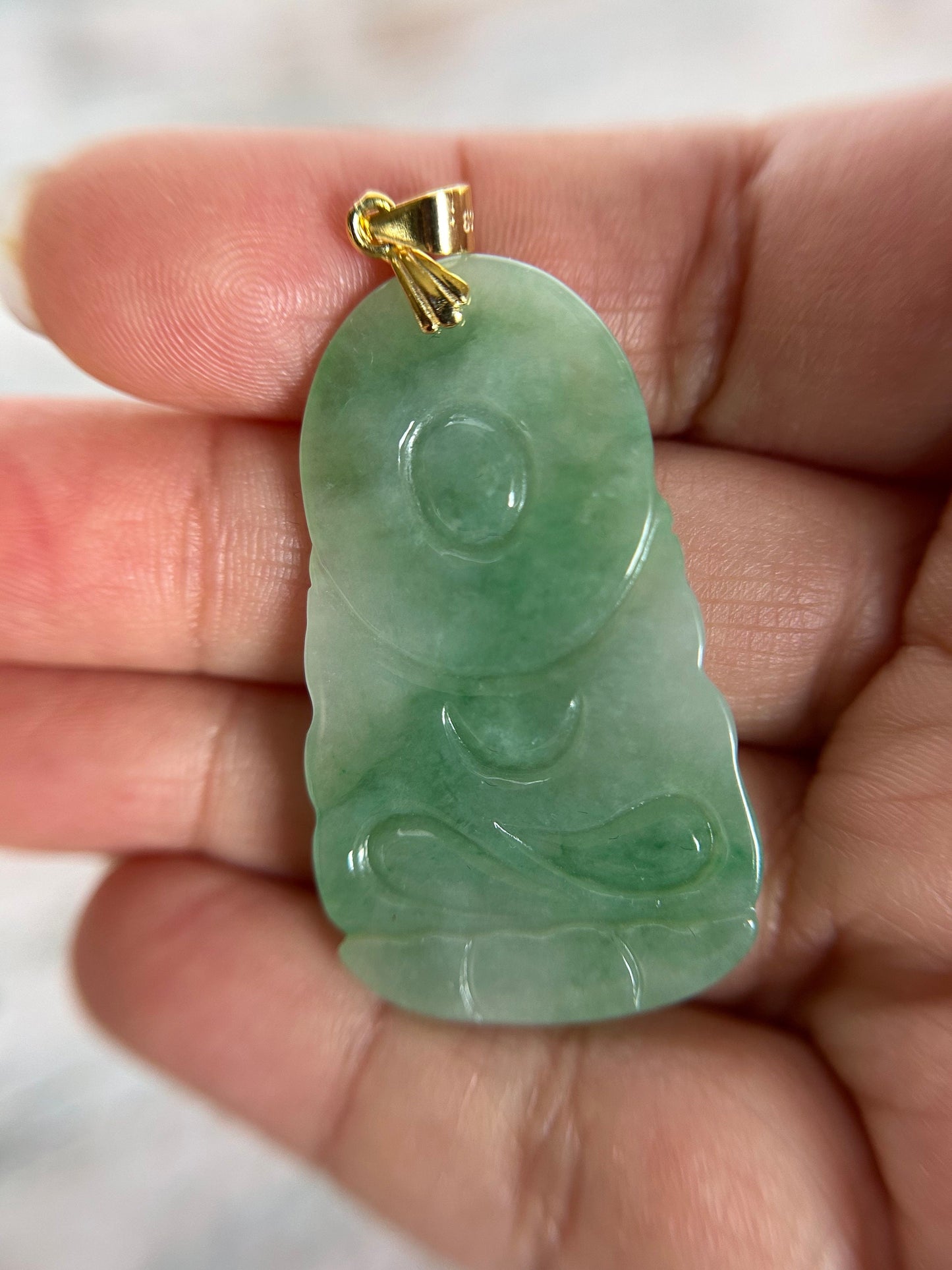 Grade A Natural Green Burma Jadeite Guanyin pendant with gold plated sterling silver bail