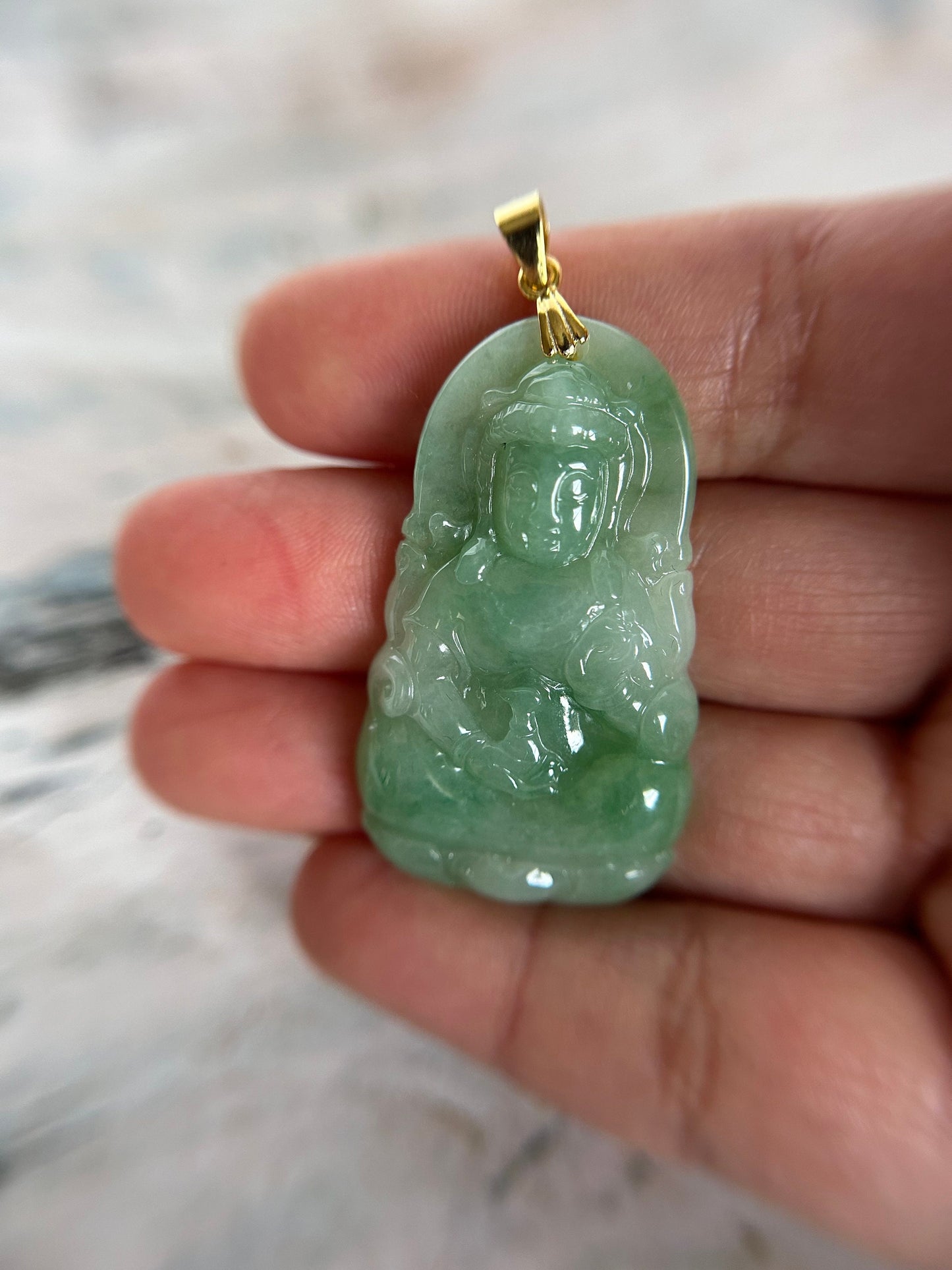Grade A Natural Green Burma Jadeite Guanyin pendant with gold plated sterling silver bail