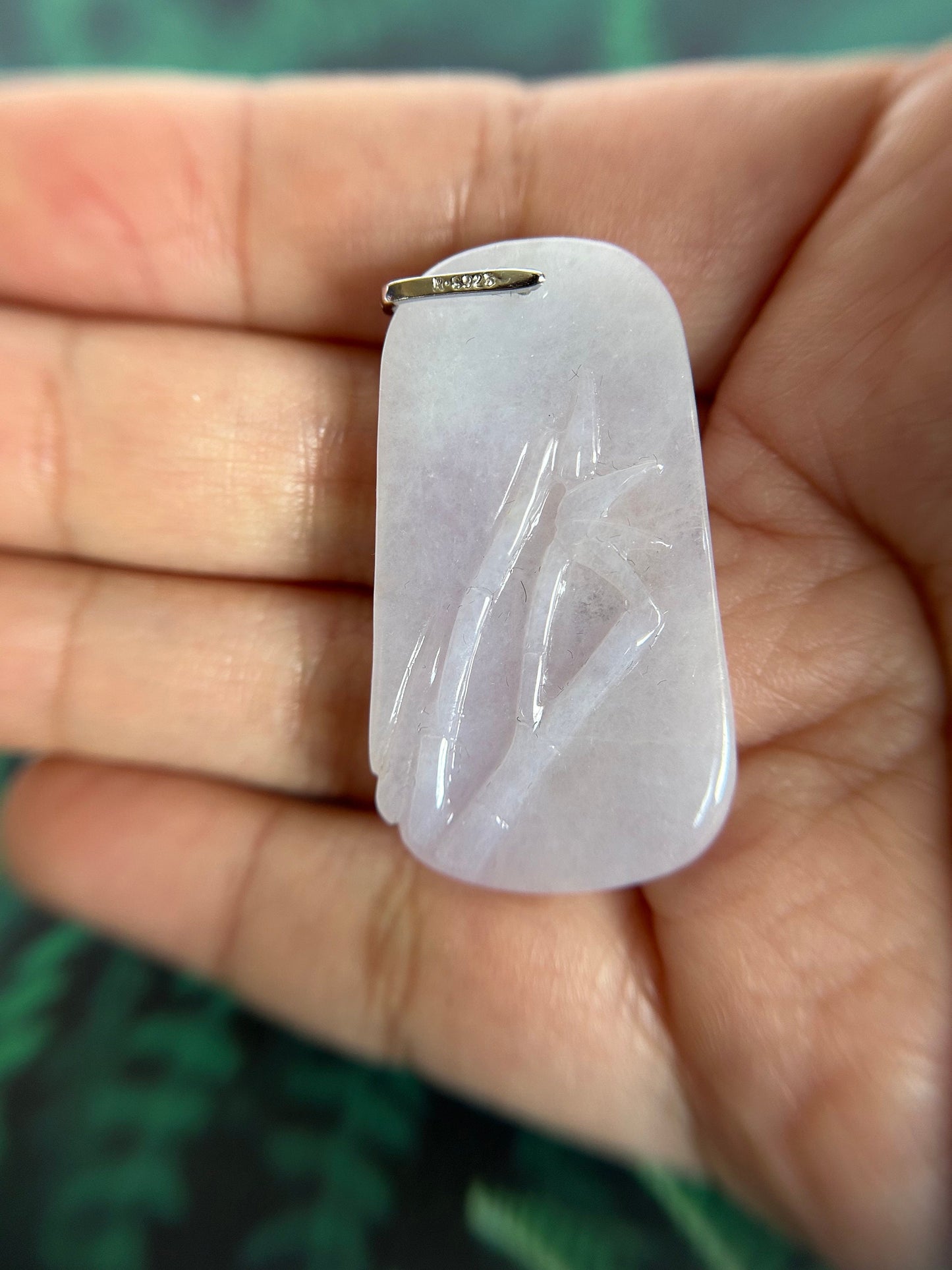 Grade A Natural Lavender Burma Jadeite double side bamboo carving pendant