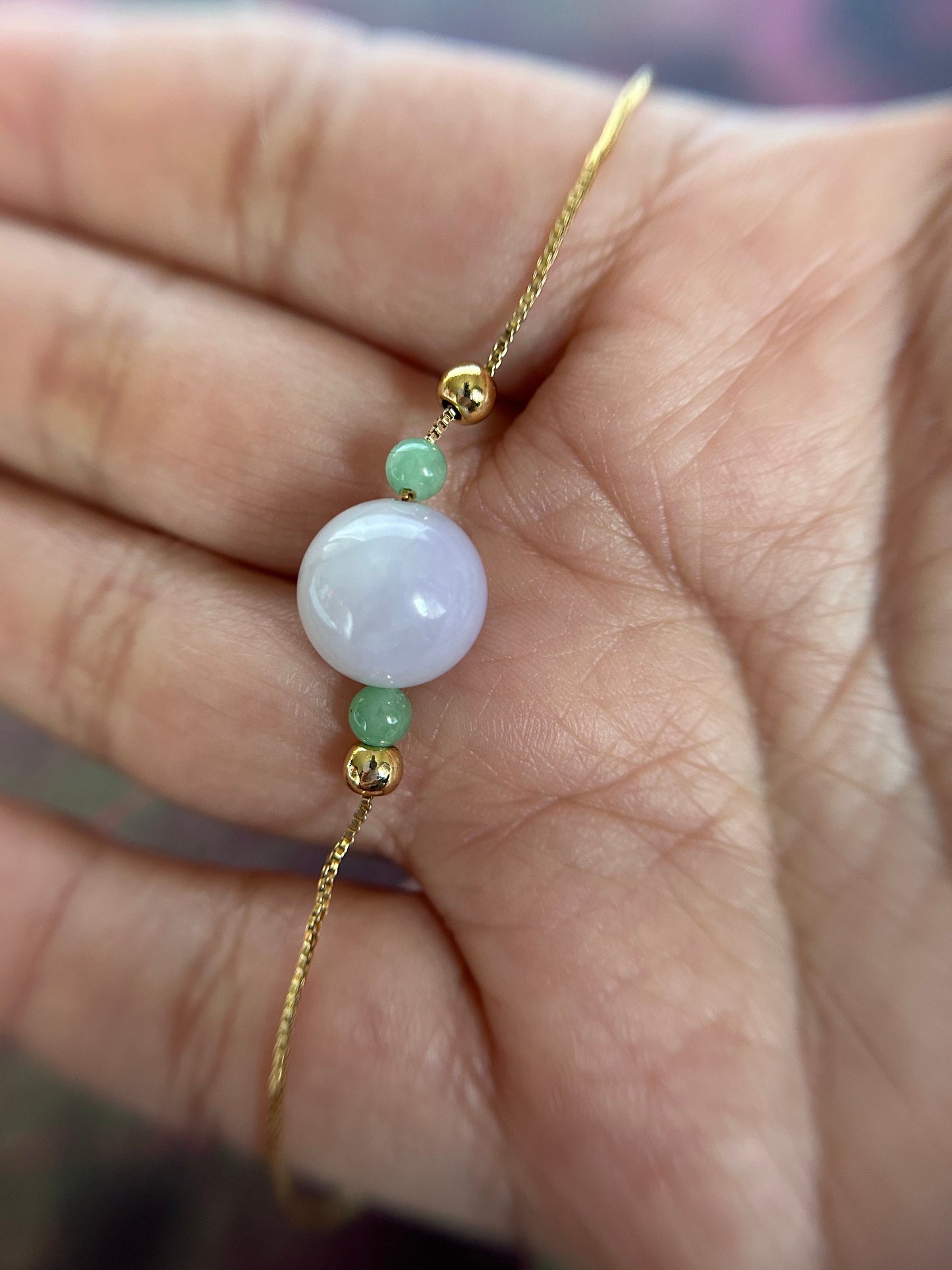 Grade A Natural Icy Lavender and Green Burma Jadeite Adjustable Gold Plated sterling Silver Bracelet