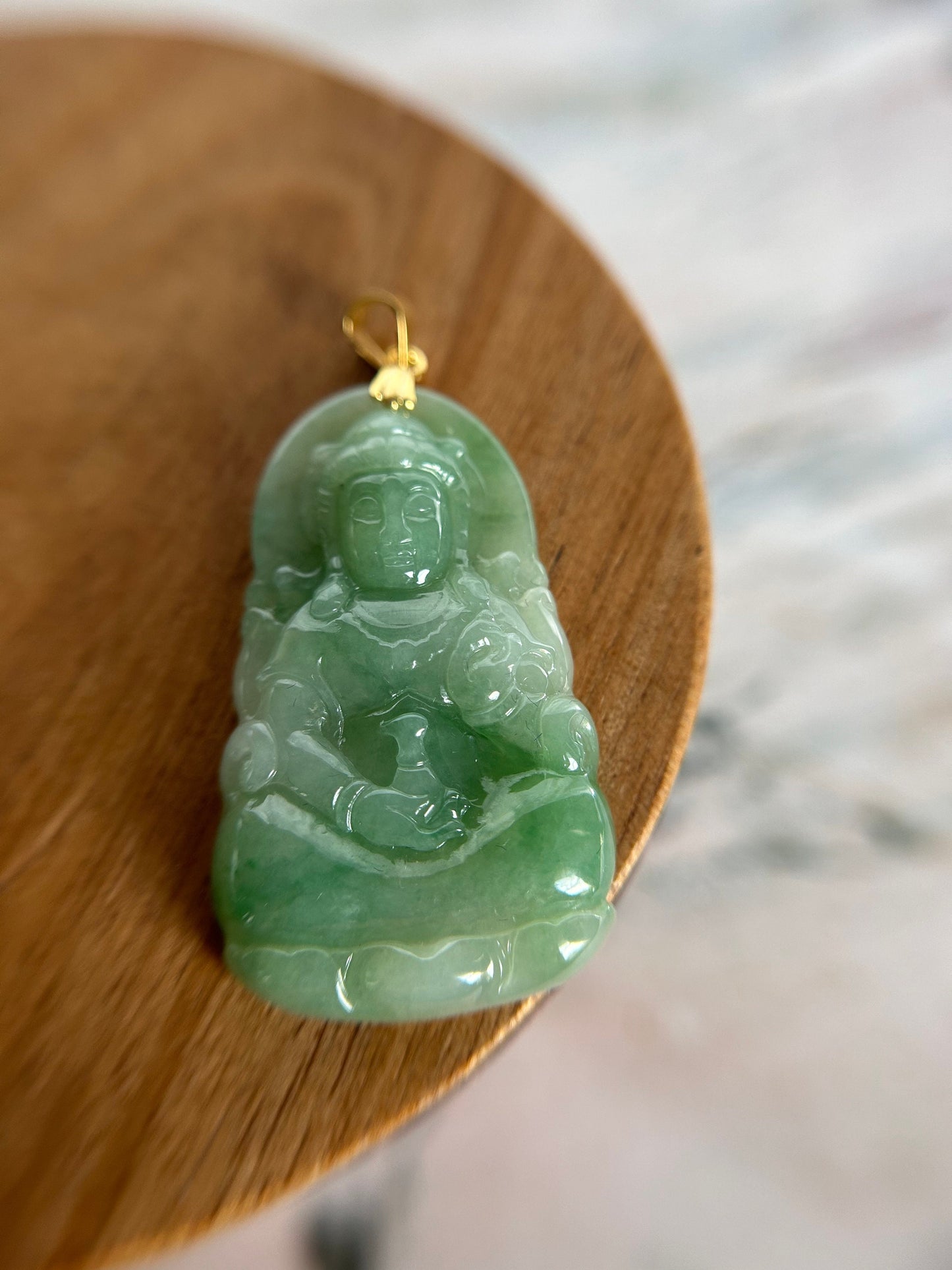 Grade A Natural Green Burma Jadeite Guanyin pendant with gold plated sterling silver bail