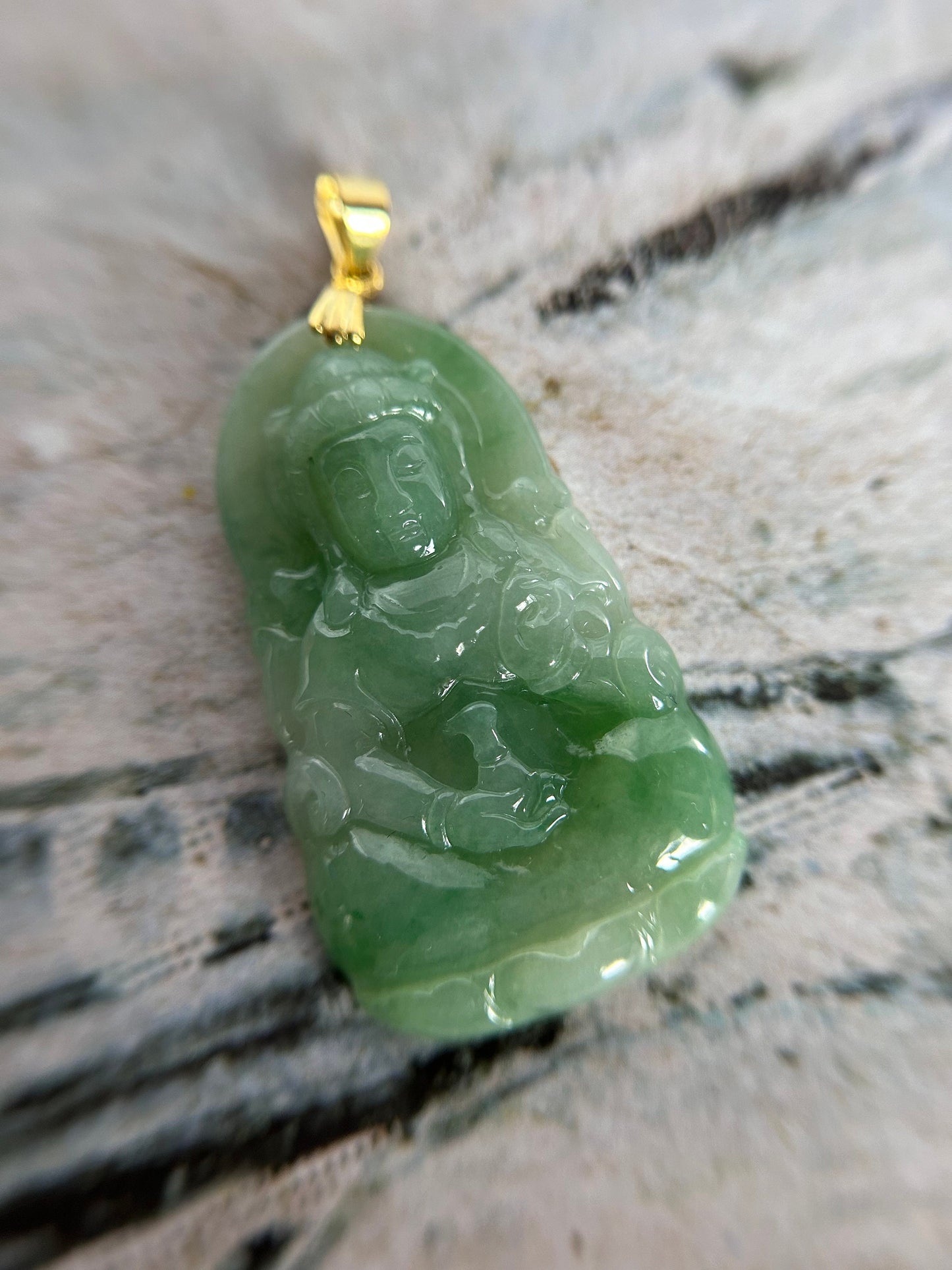 Grade A Natural Green Burma Jadeite Guanyin pendant with gold plated sterling silver bail