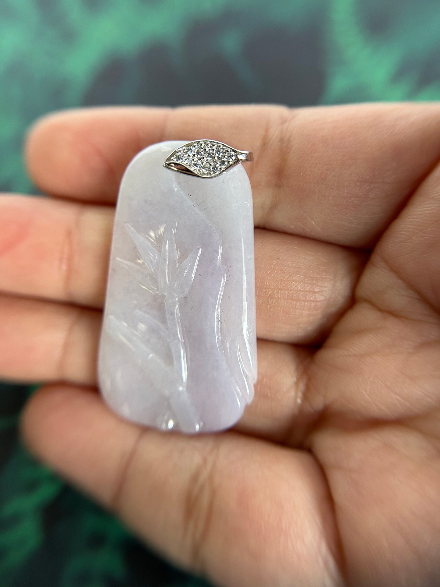Grade A Natural Lavender Burma Jadeite double side bamboo carving pendant