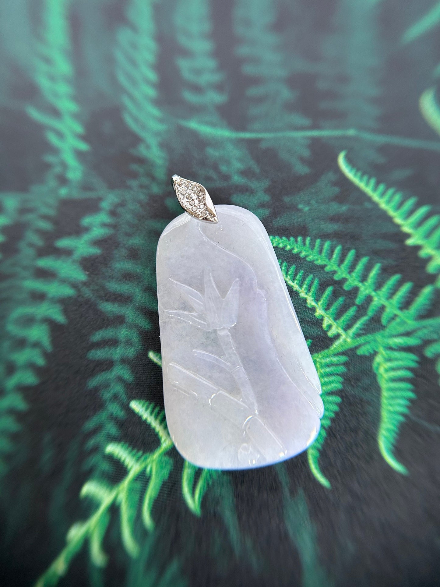 Grade A Natural Lavender Burma Jadeite double side bamboo carving pendant