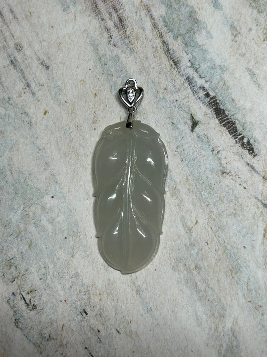 Grade A Natural Icy white Burma Jadeite pendant with double sided hand carved with leaf sterling silver bail pendant
