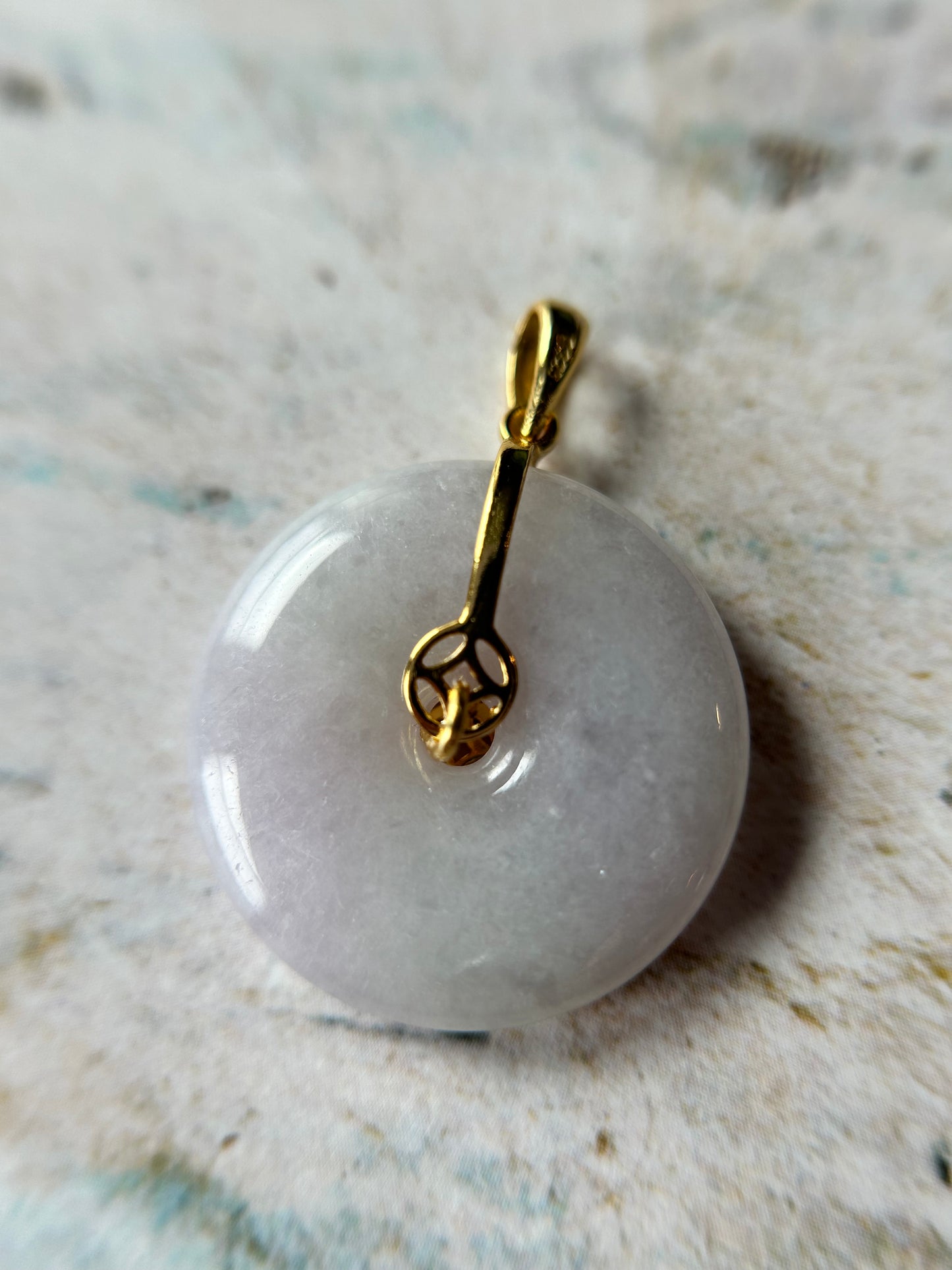 Grade A Natural lavender Jadeite Pi Disc ( peng on kou, donut) pendant with Gold over sterling silver  coin bail