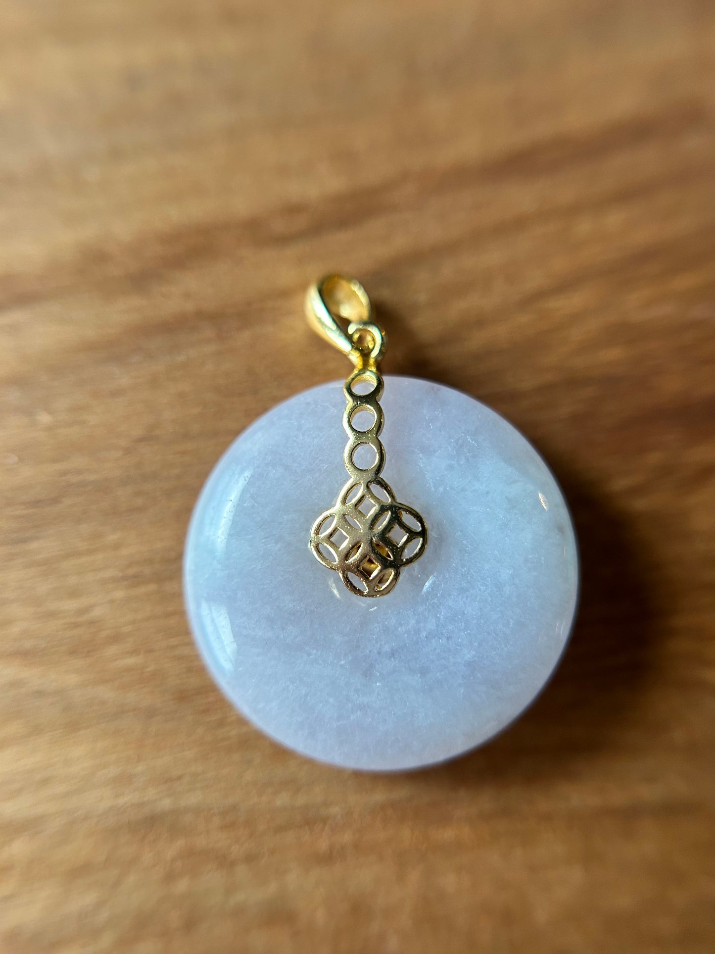 Grade A Natural lavender Jadeite Pi Disc ( peng on kou, donut) pendant with Gold over sterling silver  coin bail