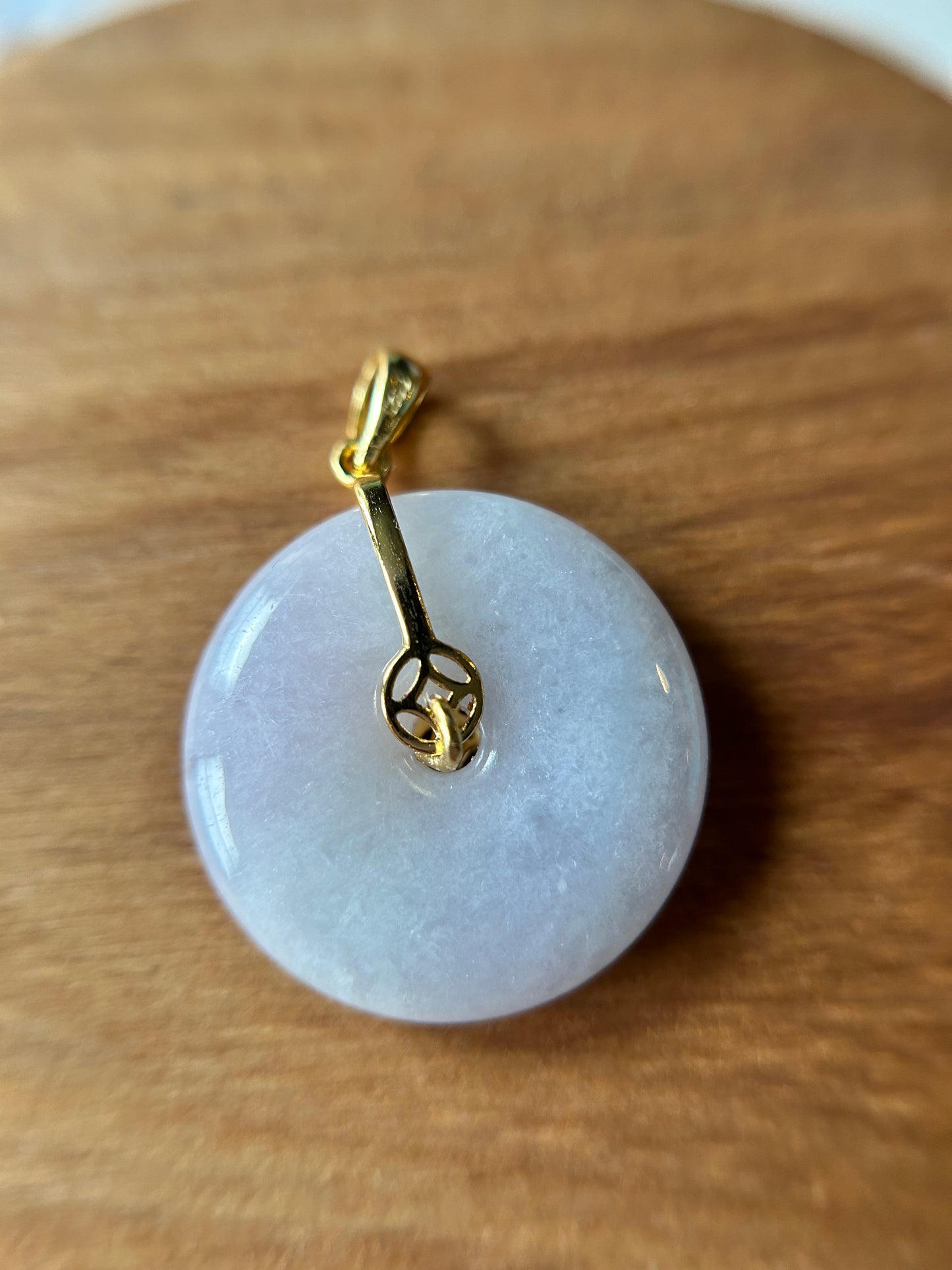 Grade A Natural lavender Jadeite Pi Disc ( peng on kou, donut) pendant with Gold over sterling silver  coin bail