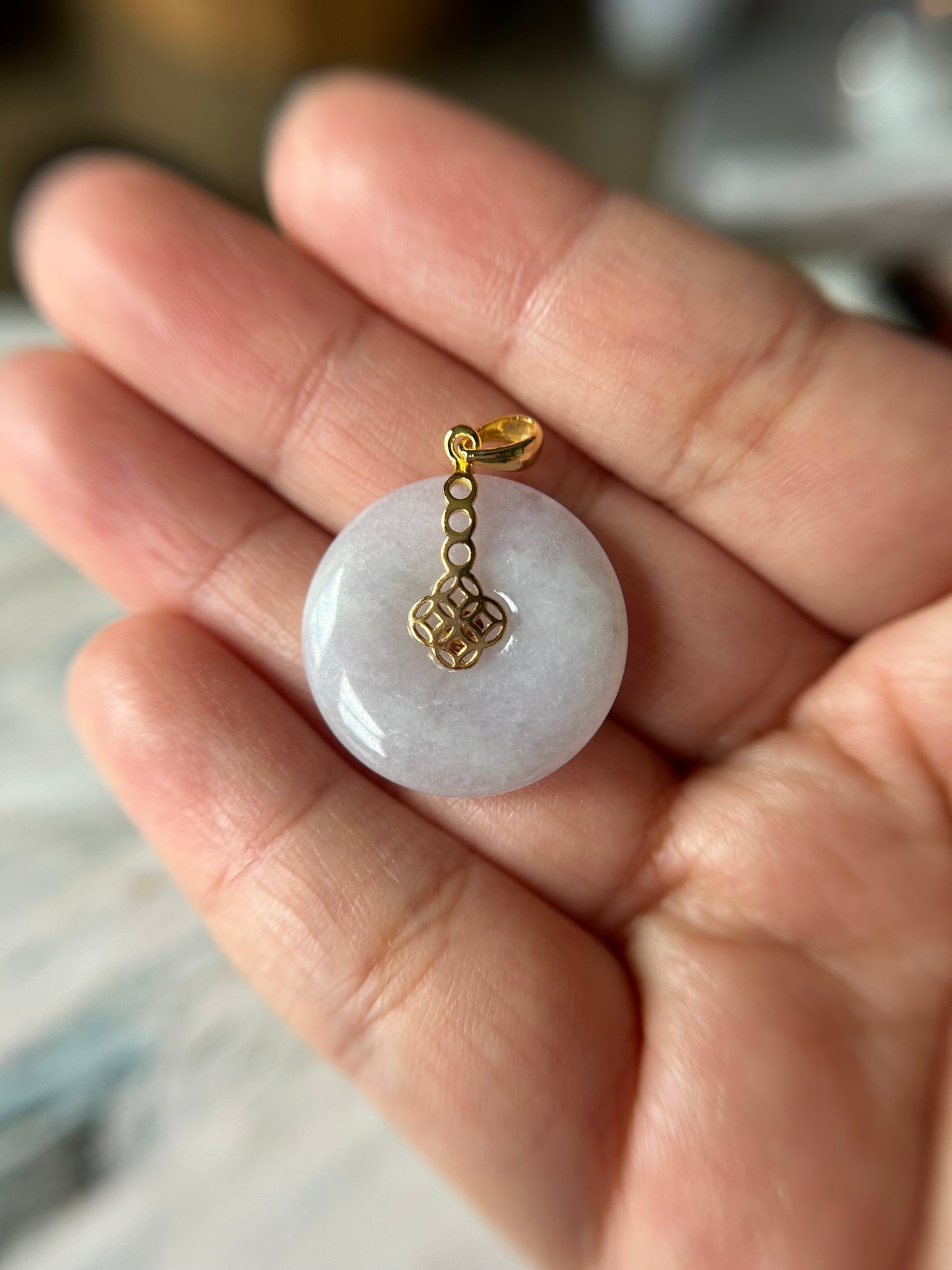 Grade A Natural lavender Jadeite Pi Disc ( peng on kou, donut) pendant with Gold over sterling silver  coin bail