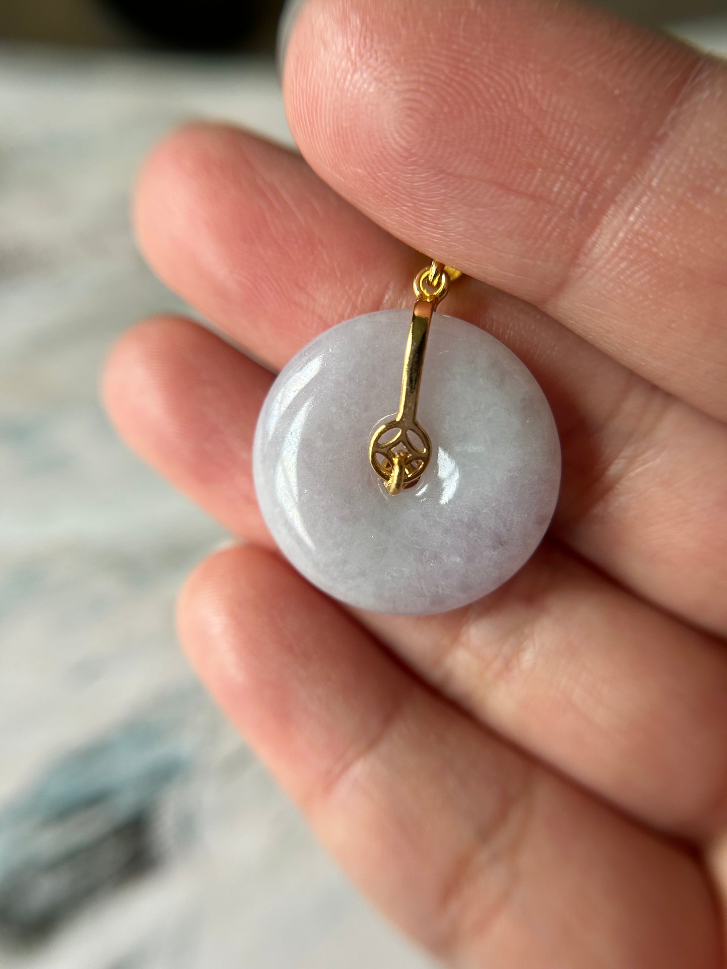 Grade A Natural lavender Jadeite Pi Disc ( peng on kou, donut) pendant with Gold over sterling silver  coin bail