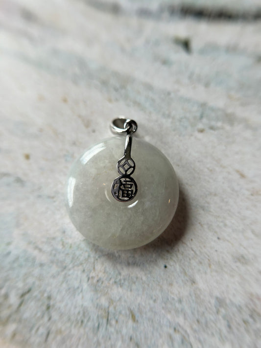 Grade A Natural white Jadeite Pi Disc ( peng on kou, donut) pendant with sterling silver  Fok bail