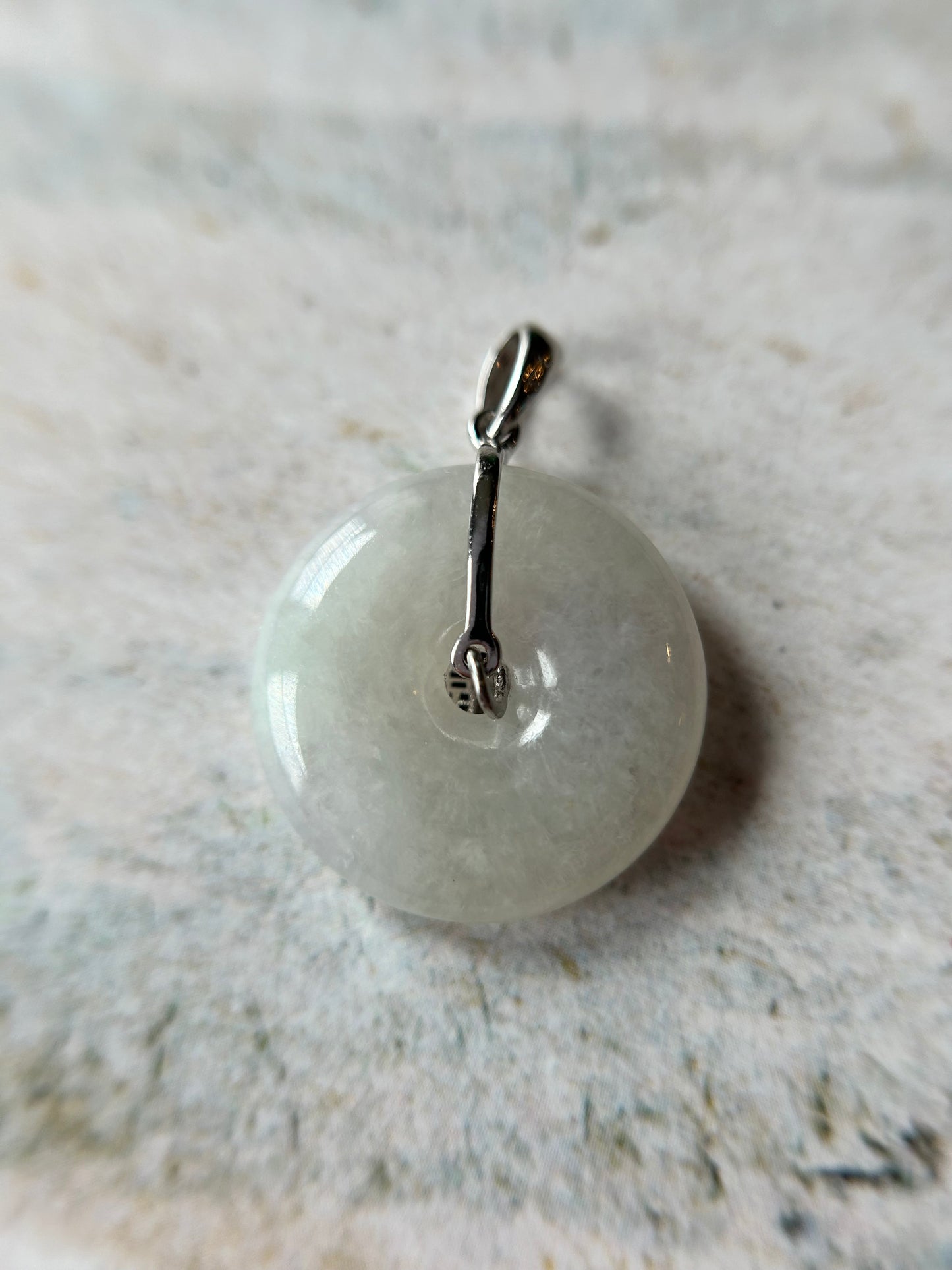 Grade A Natural white Jadeite Pi Disc ( peng on kou, donut) pendant with sterling silver  Fok bail