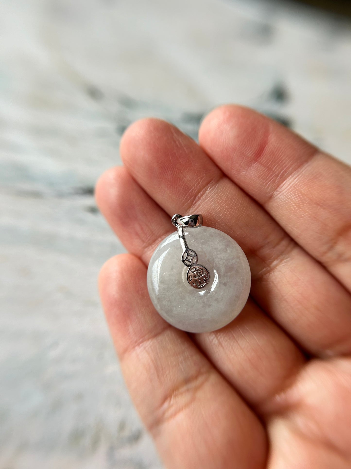 Grade A Natural white Jadeite Pi Disc ( peng on kou, donut) pendant with sterling silver  Fok bail