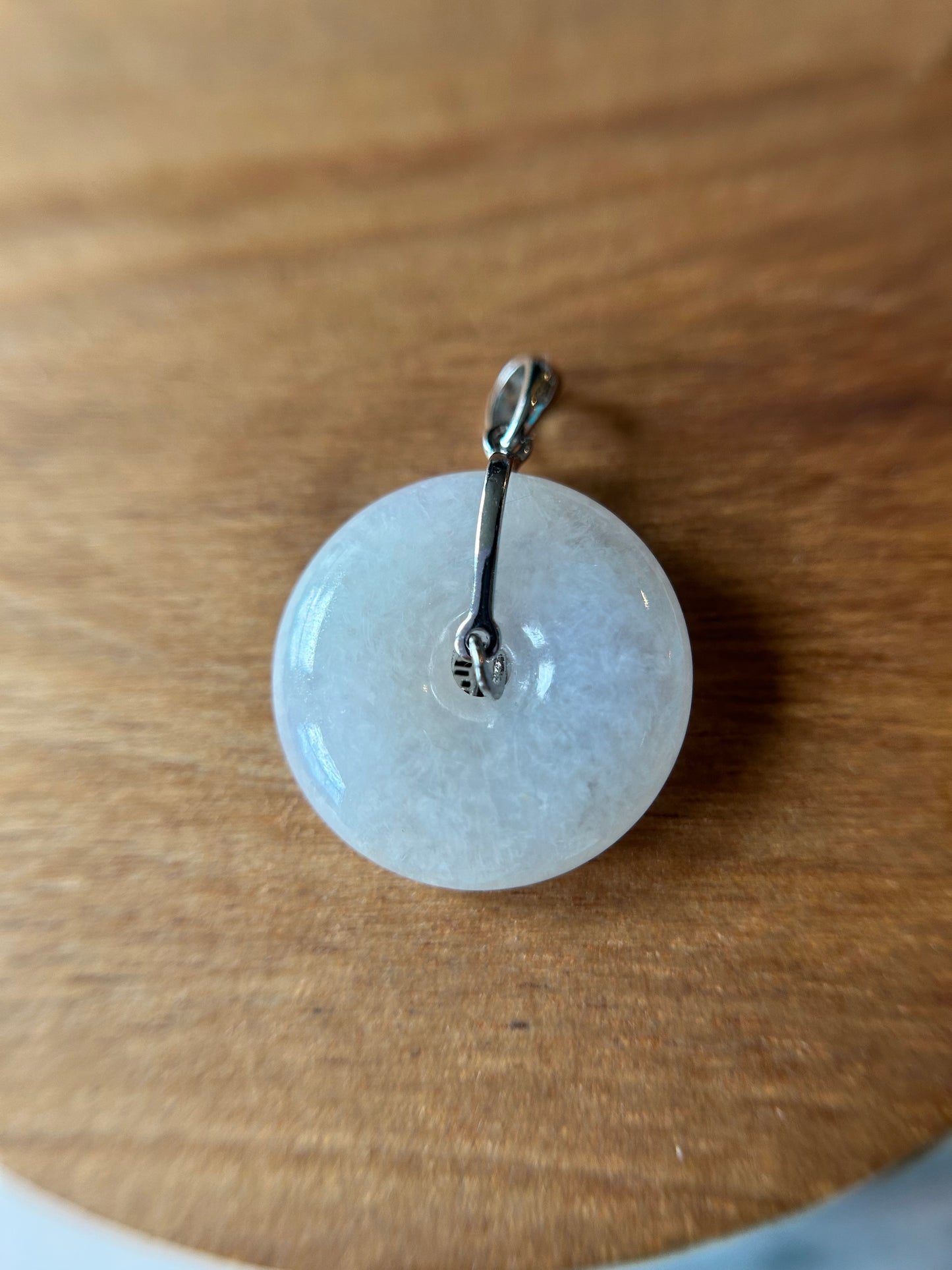 Grade A Natural white Jadeite Pi Disc ( peng on kou, donut) pendant with sterling silver  Fok bail