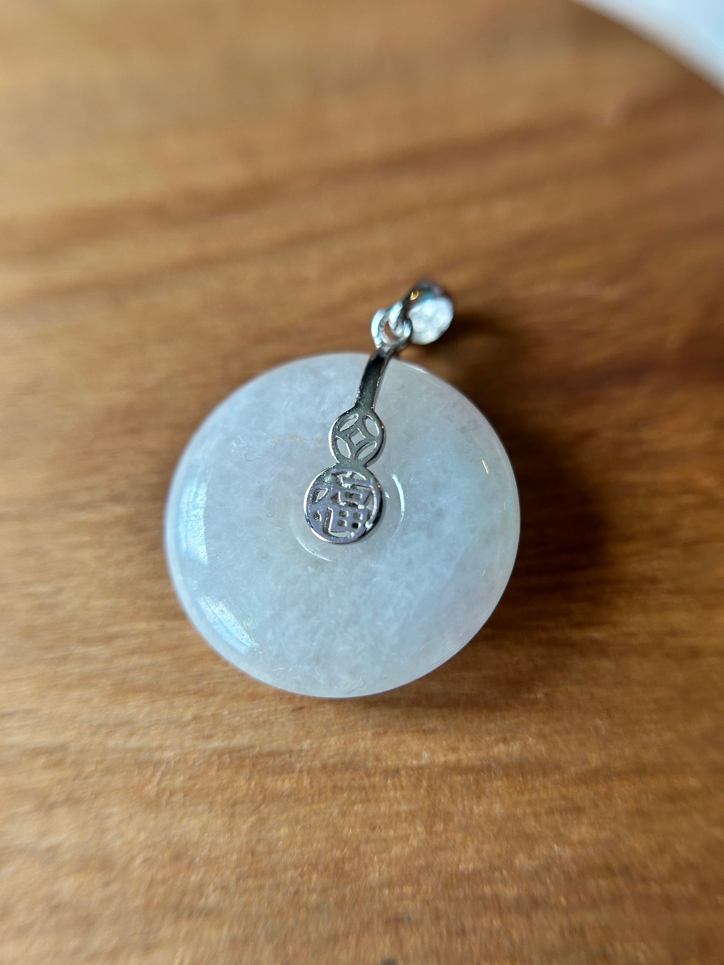 Grade A Natural white Jadeite Pi Disc ( peng on kou, donut) pendant with sterling silver  Fok bail