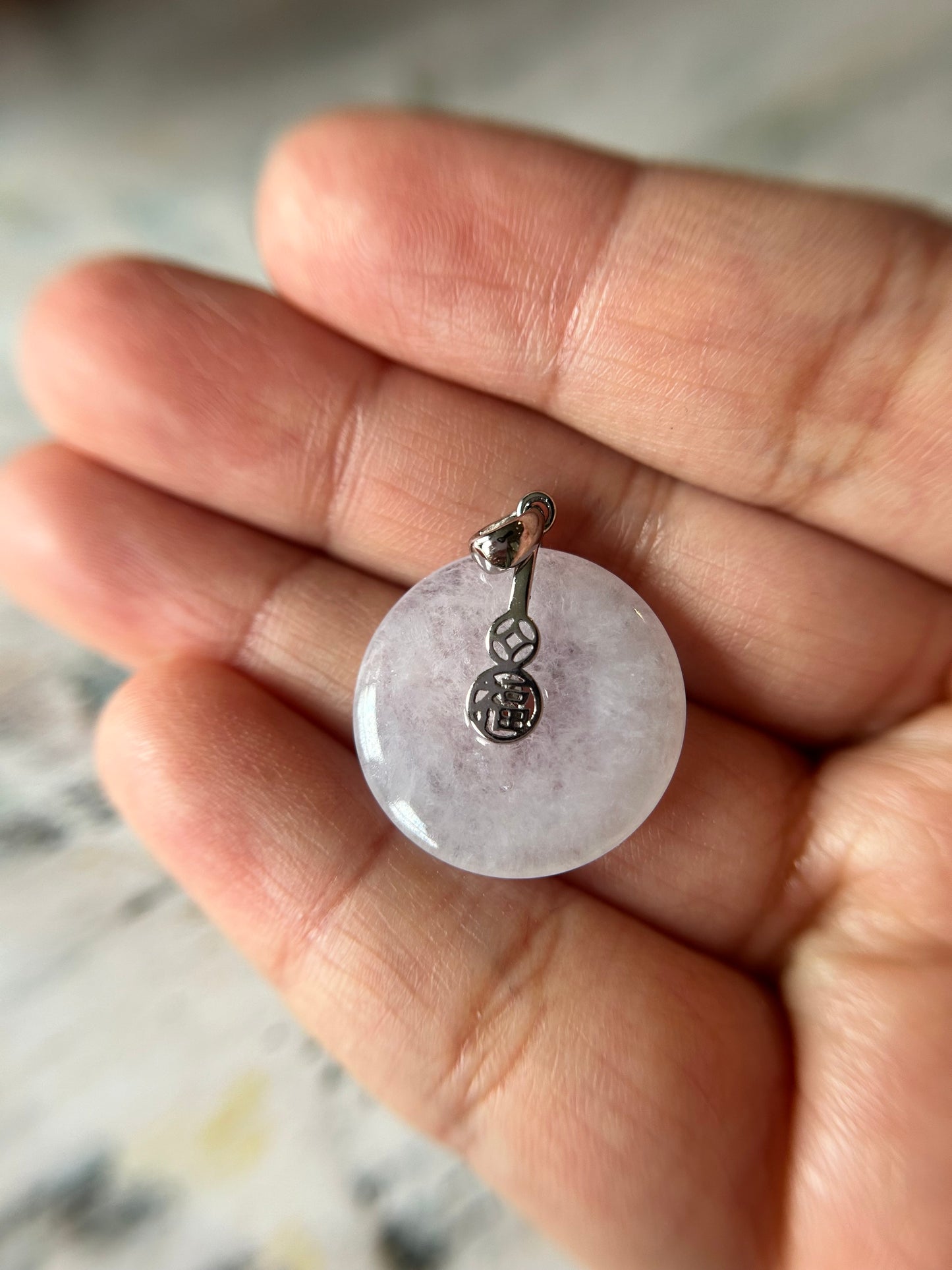 Grade A Natural lavender Jadeite Pi Disc ( peng on kou, donut) pendant with Gold over sterling silver  Fok  bail