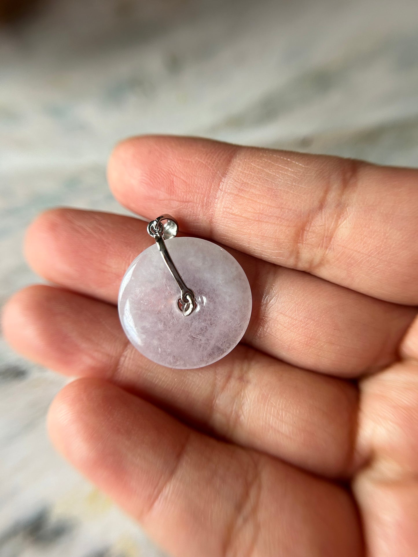 Grade A Natural lavender Jadeite Pi Disc ( peng on kou, donut) pendant with Gold over sterling silver  Fok  bail