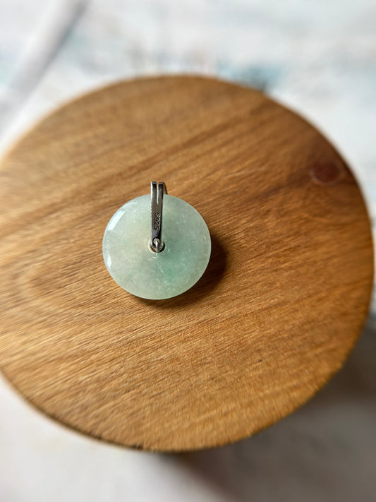 Grade A Natural green Jadeite Pi Disc ( peng on kou, donut) pendant with 2 rows zircon sterling silver  bail