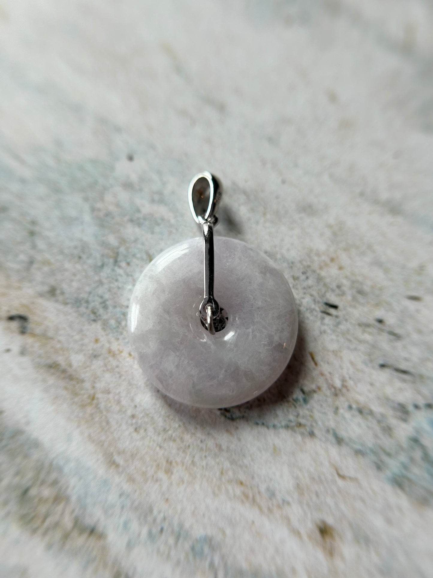 Grade A Natural lavender Jadeite Pi Disc ( peng on kou, donut) pendant with sterling silver  Fok  bail