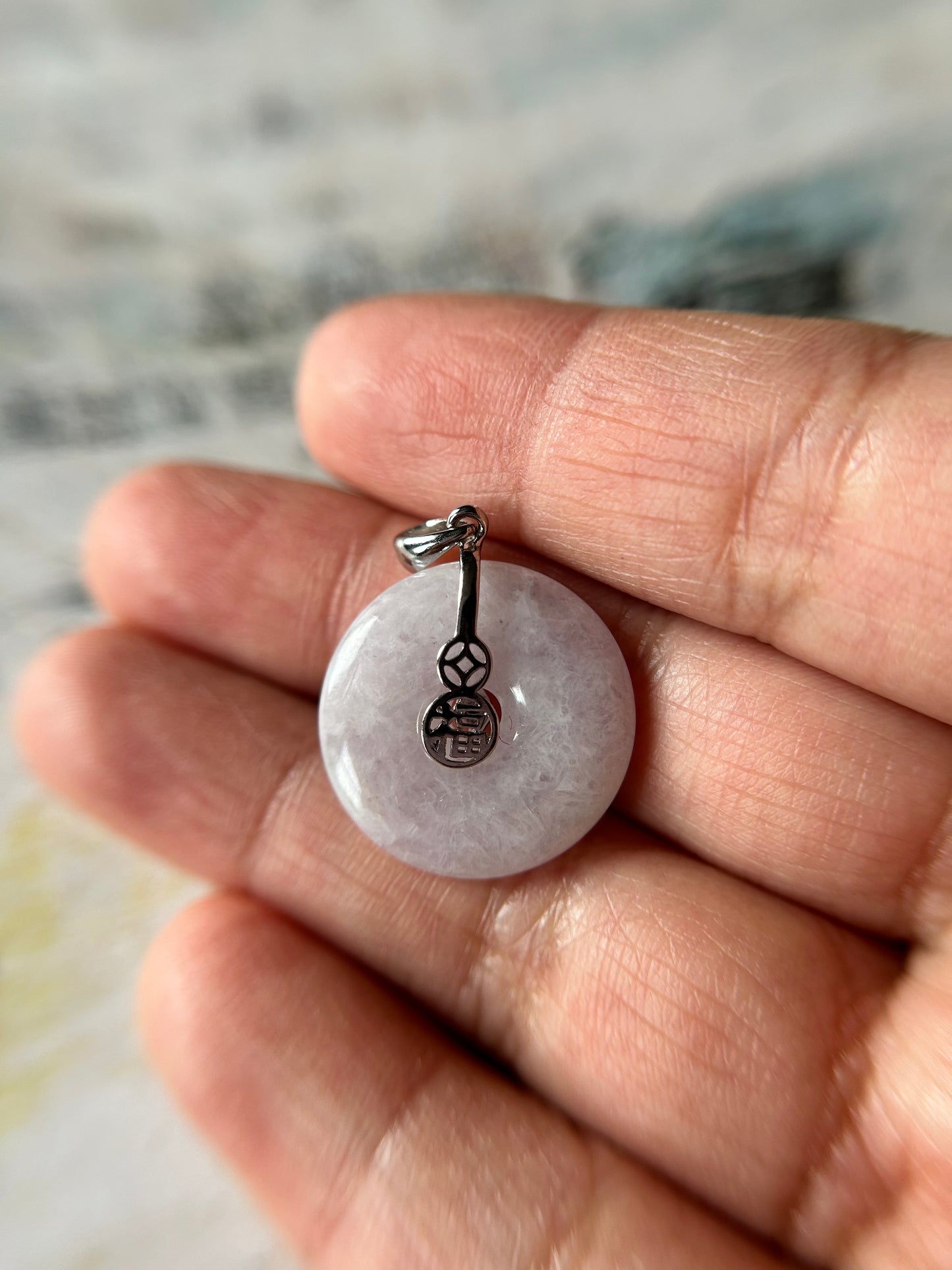 Grade A Natural lavender Jadeite Pi Disc ( peng on kou, donut) pendant with sterling silver  Fok  bail