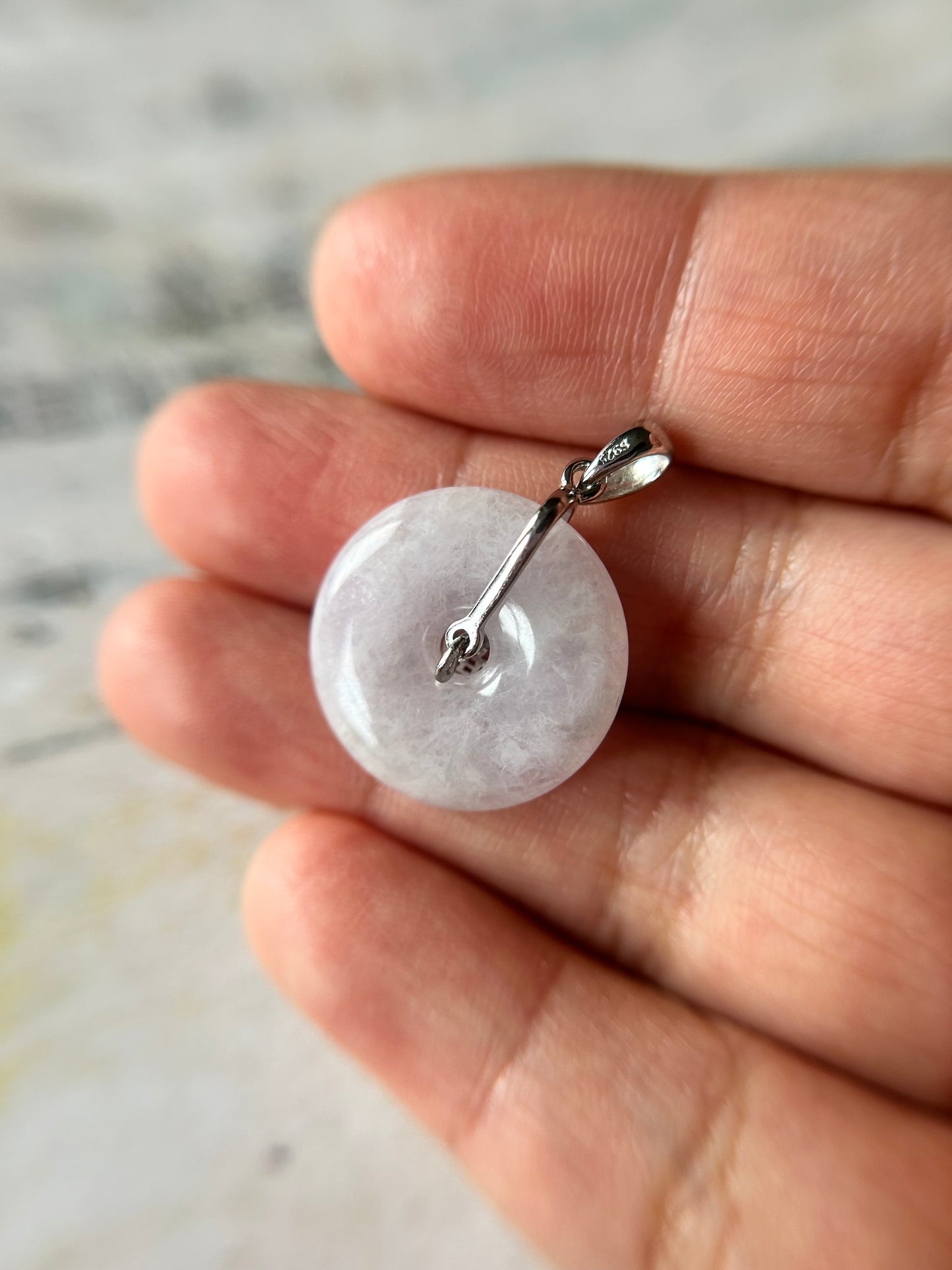 Grade A Natural lavender Jadeite Pi Disc ( peng on kou, donut) pendant with sterling silver  Fok  bail